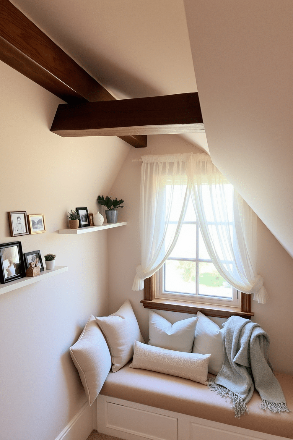 A cozy attic space with decorative ledges that showcase a collection of personal touches, including framed photos, small potted plants, and unique trinkets. The walls are painted in a soft pastel hue, and the wooden beams are exposed, adding warmth and character to the room. A beautifully designed attic window that allows natural light to flood the space, featuring elegant sheer curtains that gently sway with the breeze. Below the window, a cushioned bench invites relaxation, adorned with plush pillows and a throw blanket for added comfort.