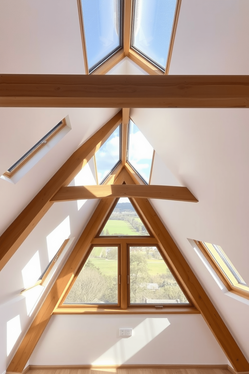 A beautifully designed attic space features large skylights that flood the room with natural light, creating an airy and inviting atmosphere. The walls are painted in a soft white, enhancing the brightness, while the wooden beams add warmth and character to the room. Incorporating a unique attic window design, the space showcases a combination of triangular and rectangular windows that offer stunning views of the surrounding landscape. The window frames are finished in a rich oak, contrasting beautifully with the light-colored walls and allowing for both style and functionality.