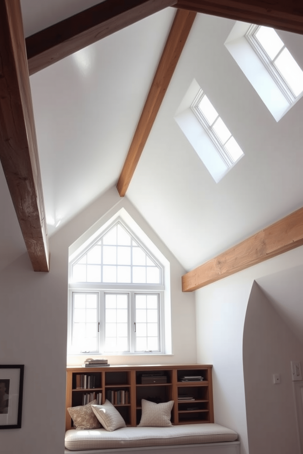 A stunning attic space featuring elegant transom windows that enhance the sense of height and openness. The walls are painted in a soft white, and the wooden beams are exposed, adding warmth and character to the room. The design includes a cozy reading nook beneath the attic window, adorned with plush cushions and a small bookshelf. Natural light floods the area, creating an inviting atmosphere perfect for relaxation and contemplation.