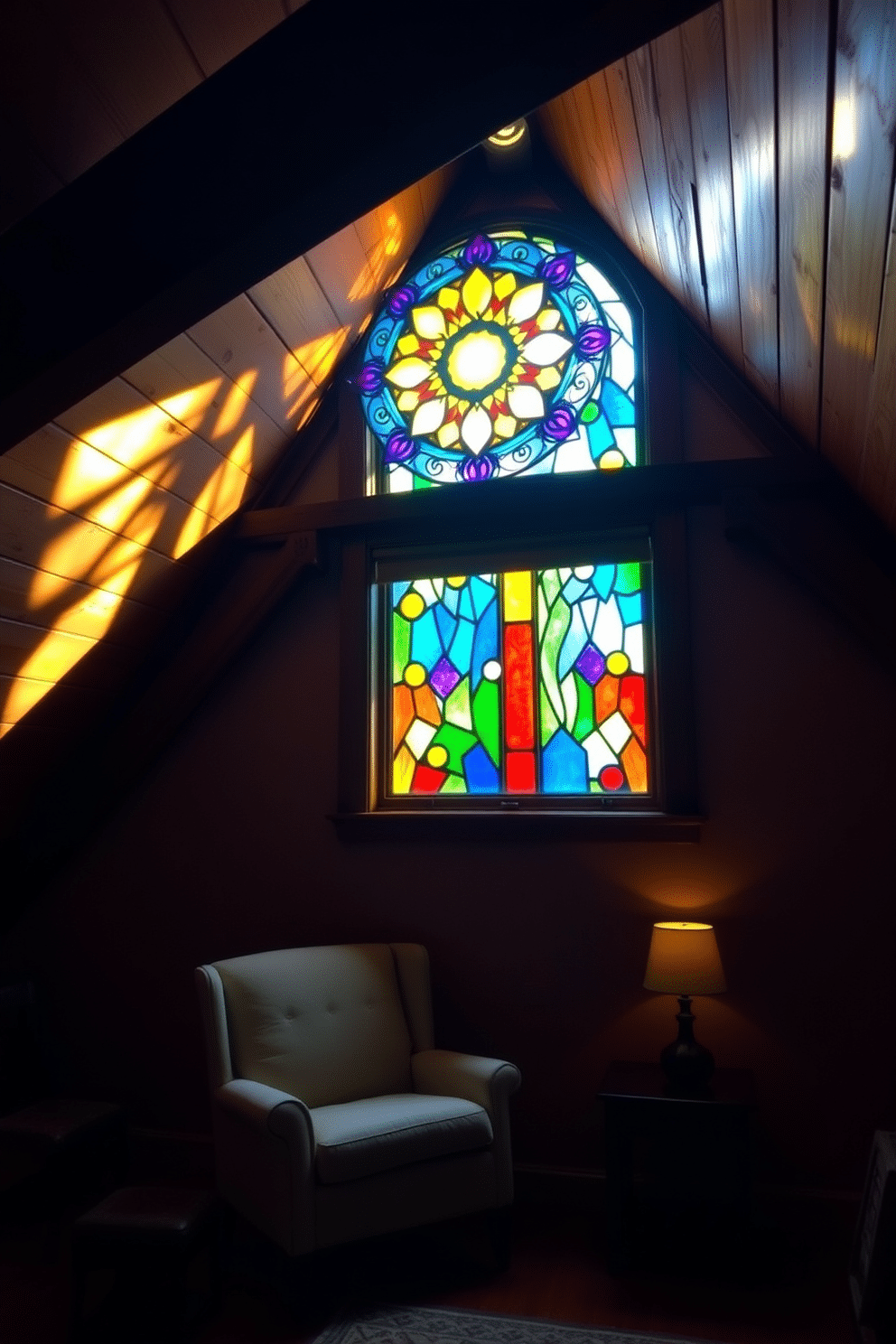 A stunning attic space features an intricately designed stained glass window that casts colorful light across the room. The window's vibrant hues complement the rustic wooden beams and create a warm, inviting atmosphere. The attic is furnished with a cozy reading nook, complete with a plush armchair and a small side table. Soft, ambient lighting highlights the unique architectural features while maintaining a serene and artistic flair.