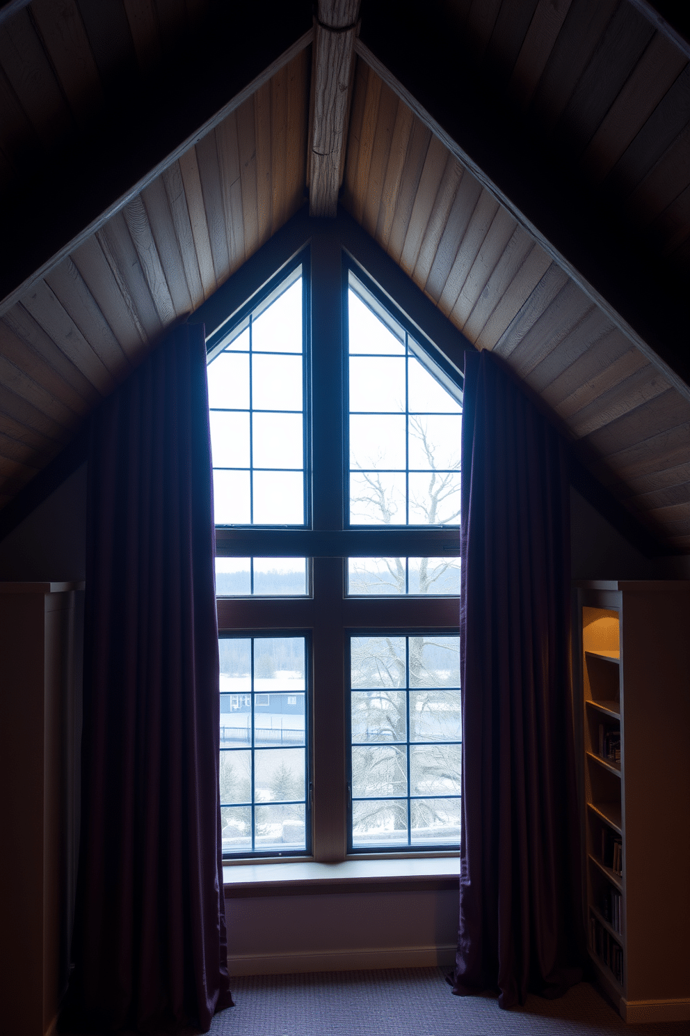 A dramatic attic space featuring floor-to-ceiling curtains that elegantly frame a large window, allowing natural light to flood the room. The curtains are made of a rich, textured fabric in a deep jewel tone, complementing the rustic wooden beams of the ceiling. An innovative attic window design that maximizes both light and views, showcasing a unique shape that enhances the architectural interest of the space. The window is flanked by built-in shelving, creating a cozy reading nook beneath the soft glow of ambient lighting.