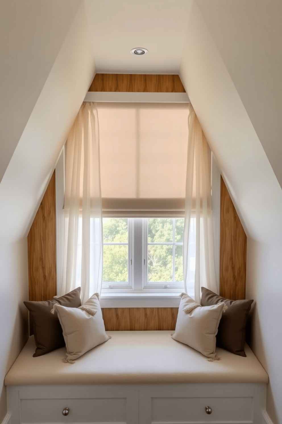 A cozy attic space features an accent wall behind a large, inviting window that draws in natural light. The wall is adorned with textured wood paneling in a warm hue, complementing the soft, neutral tones of the surrounding walls. The window is framed with elegant, sheer drapes that flutter gently with the breeze. Below the window, a built-in bench with plush cushions invites relaxation and offers a perfect reading nook.