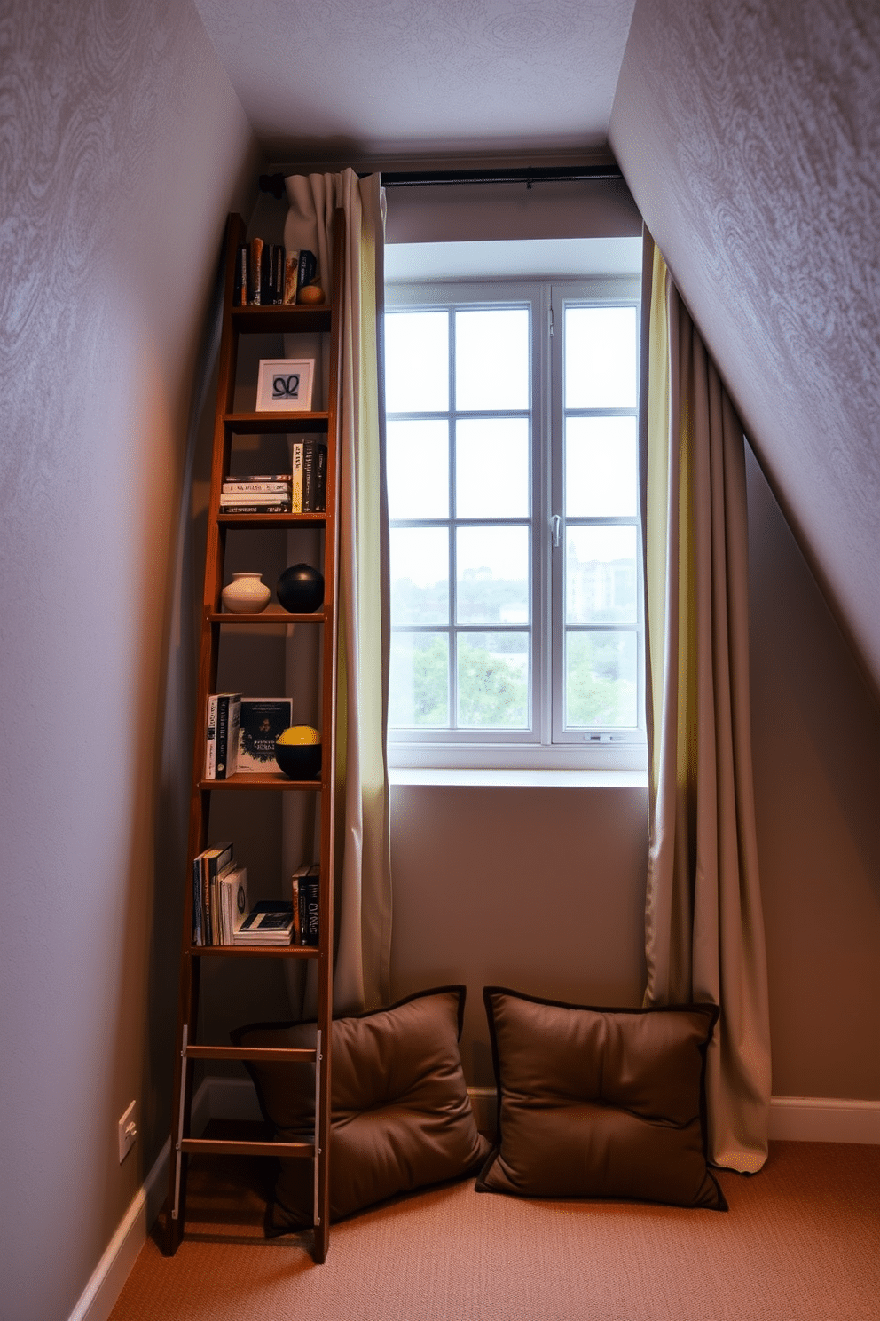 A stylish ladder shelving unit is positioned against a textured wall, adorned with a mix of books and decorative items, creating an inviting focal point in the room. The shelves are crafted from reclaimed wood, adding warmth, while soft ambient lighting highlights the curated decor. The attic features a beautifully designed window that allows natural light to flood the space, framed by elegant drapes that complement the room's color palette. Below the window, a cozy reading nook with plush cushions invites relaxation, enhancing the overall charm of the attic design.