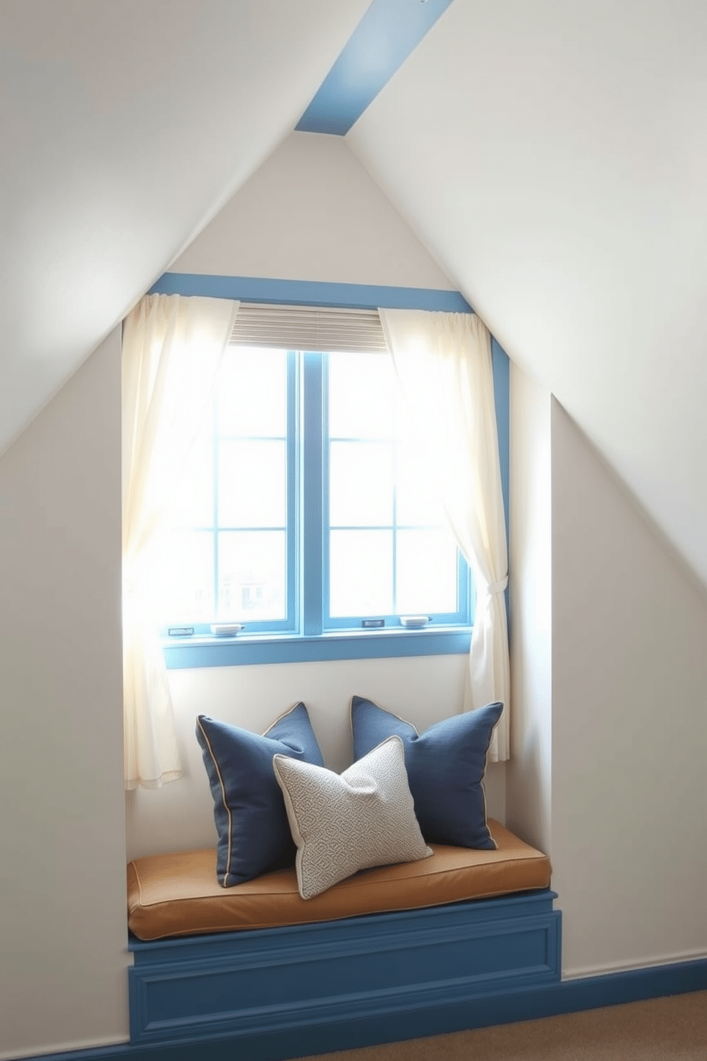 A cozy attic space featuring painted window frames in a vibrant blue, contrasting beautifully with the soft white walls. The windows are adorned with sheer curtains that allow natural light to filter in, creating a warm and inviting atmosphere. Incorporating a built-in window seat beneath the attic windows, complete with plush cushions in coordinating colors. The design emphasizes the unique angles of the ceiling, enhancing the character of the space while providing a perfect reading nook.