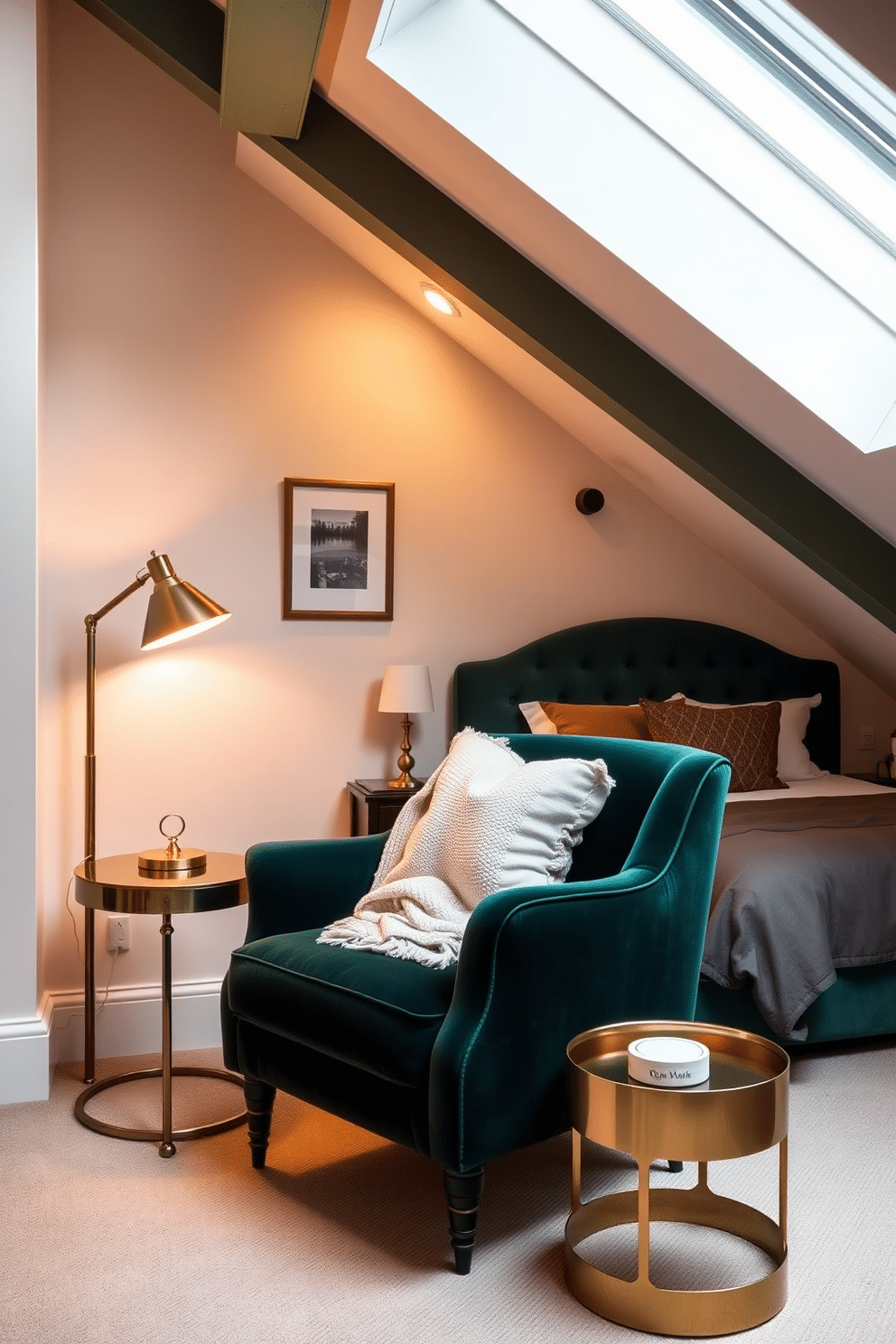 A cozy reading nook featuring a plush velvet armchair in a deep emerald hue, paired with a small round side table made of polished brass. The space is illuminated by a vintage floor lamp with a warm glow, while a soft throw blanket drapes over the armchair. An inviting attic bedroom with an angled ceiling, showcasing a large skylight that floods the room with natural light. The walls are adorned with soft, pastel colors, and a stylish bed with a tufted velvet headboard sits against the sloped wall, complemented by chic bedside tables.