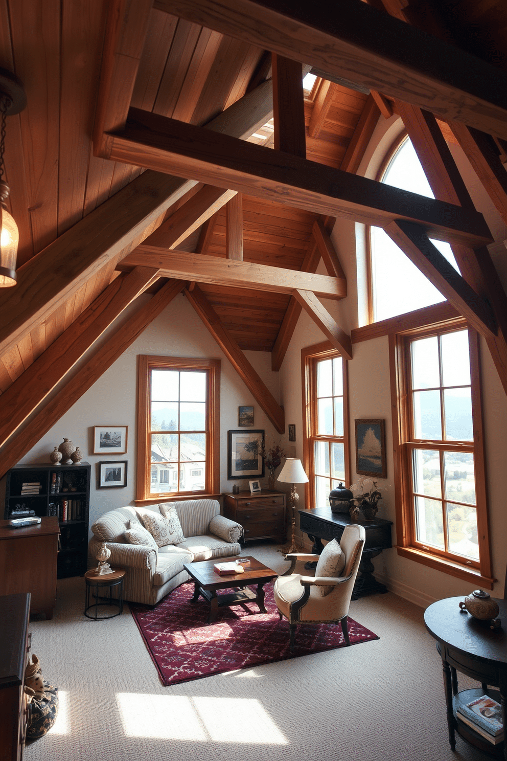 A cozy attic space featuring exposed wooden beams that create a warm, rustic atmosphere. The design incorporates large windows that frame picturesque views, allowing natural light to flood the room. The walls are clad in soft, neutral tones to complement the rich wood, enhancing the inviting feel of the space. A plush seating area with vintage-inspired furniture invites relaxation, while decorative accents add character and charm.