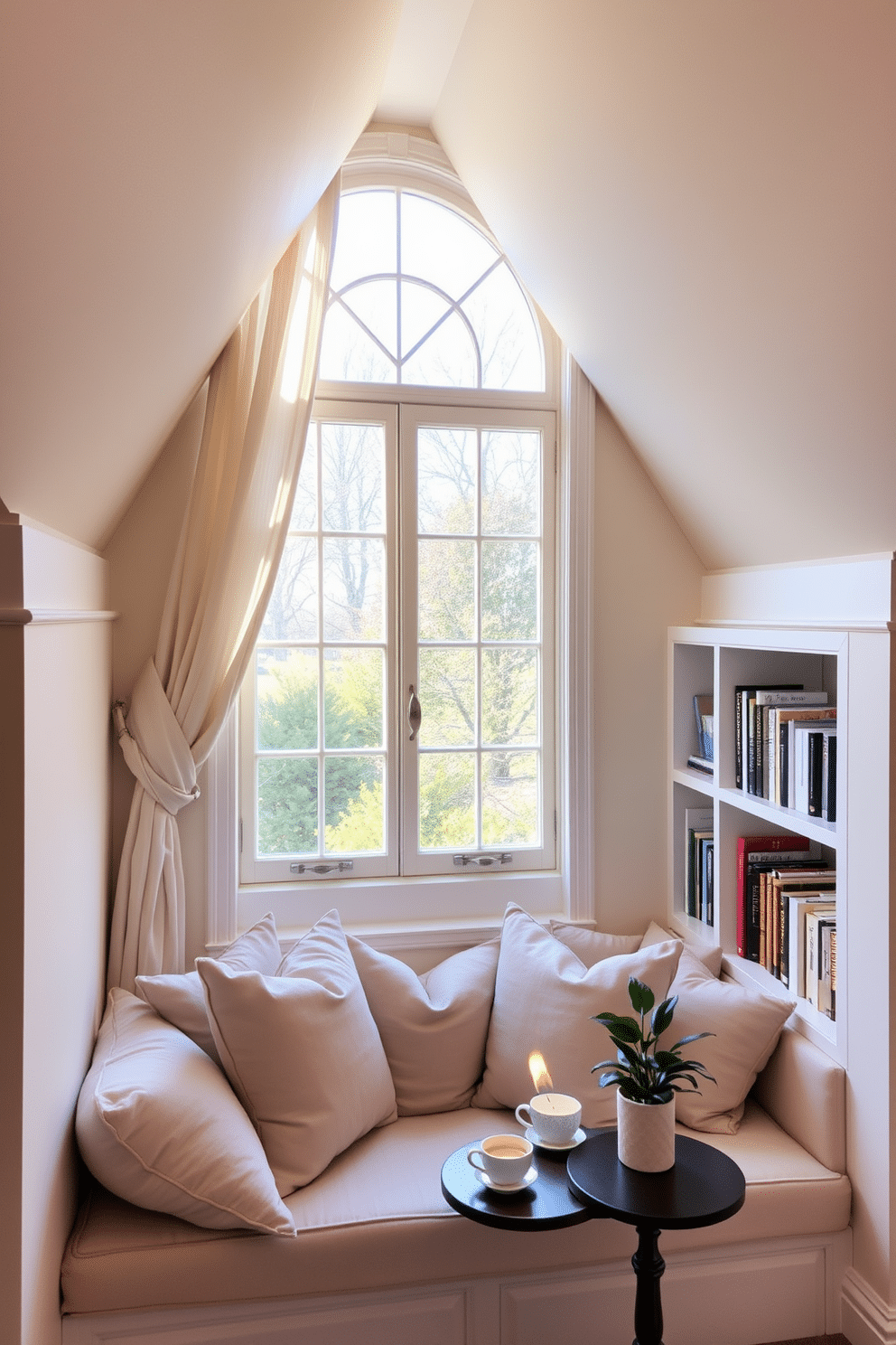 A cozy built-in seating area beneath a large attic window, featuring plush cushions in soft, neutral tones. The surrounding walls are painted a warm white, and a small bookshelf is integrated into the design, filled with books and decorative items. The attic window is framed with elegant drapes that allow natural light to flood the space, creating a bright and inviting atmosphere. A small side table rests next to the seating, adorned with a steaming cup of tea and a potted plant, enhancing the serene ambiance.