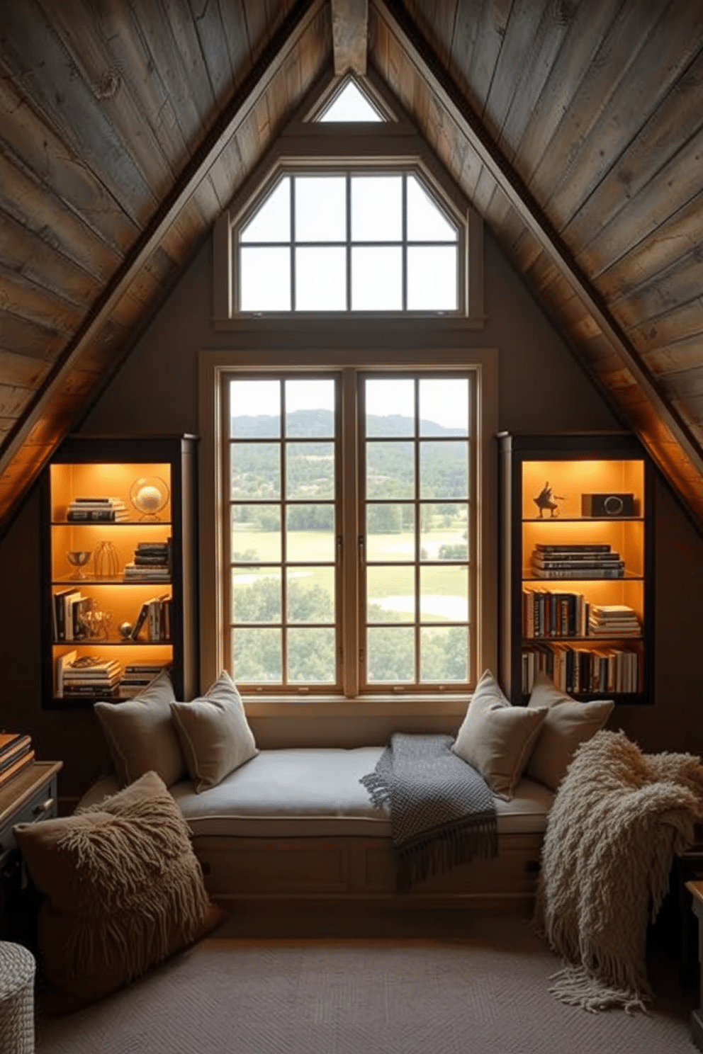 A cozy attic space features lighted display cases strategically placed around a large window, showcasing an array of curated decorative items and books. The soft illumination from the cases highlights the textures of the wood beams and enhances the inviting atmosphere of the room. The attic window design incorporates a combination of large panes and smaller casements, allowing natural light to flood the space while offering stunning views of the surrounding landscape. A built-in bench below the window provides a perfect reading nook, adorned with plush cushions and soft throws for added comfort.