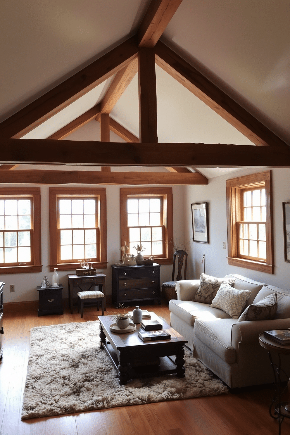 A cozy attic space featuring rustic wooden frames that enhance the warmth and charm of the room. Natural light pours in through the large attic windows, illuminating the exposed beams and creating a serene atmosphere. The walls are adorned with soft, neutral tones that complement the wooden elements, while a plush area rug adds comfort underfoot. Vintage furnishings and decor pieces are strategically placed to create an inviting and functional living area.