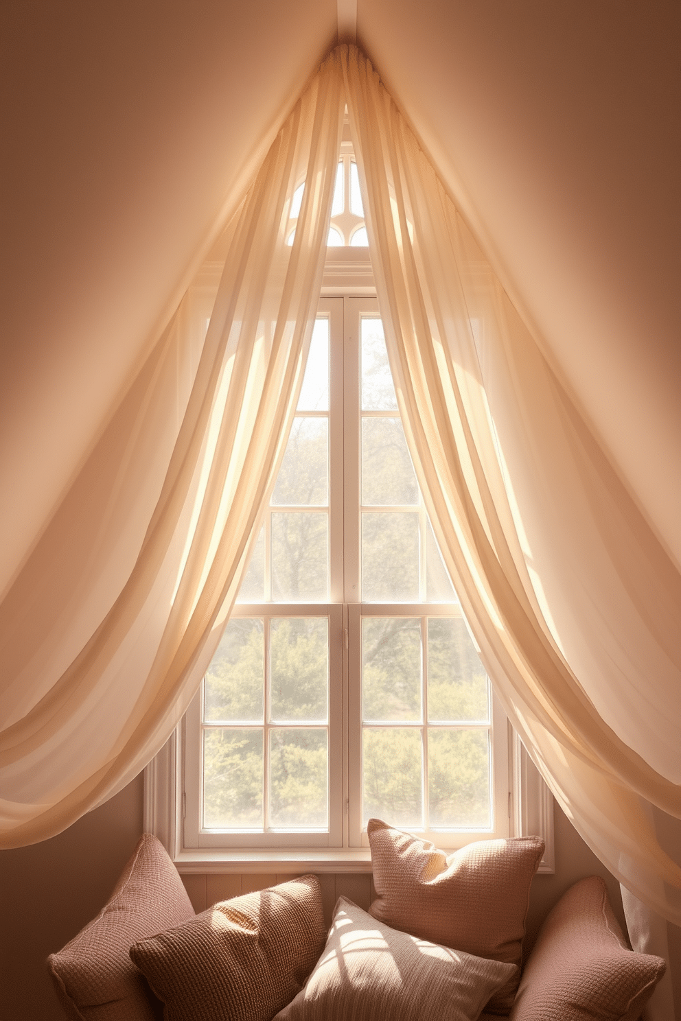 A cozy attic space adorned with sheer drapes that gently filter soft light, creating a warm and inviting atmosphere. The window design features a unique arch, enhancing the architectural charm while allowing natural light to cascade into the room. The drapes, in a light, airy fabric, sway slightly with the breeze, adding a sense of movement and tranquility. Below the window, a plush reading nook with cushions invites relaxation, making the most of the serene light that fills the space.