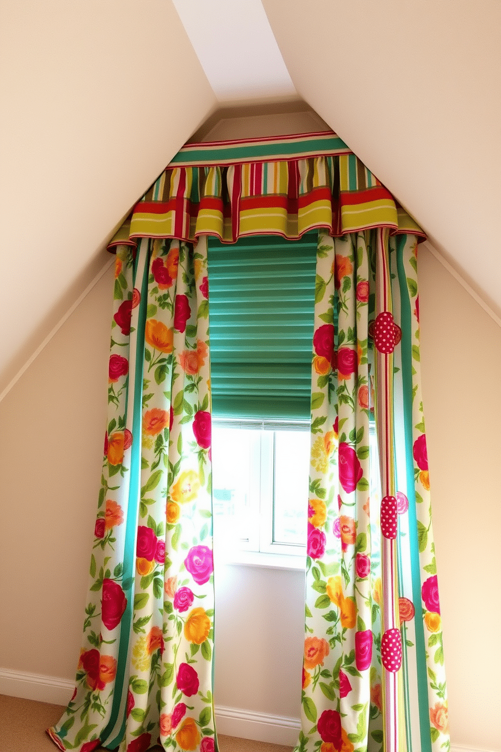 Colorful window treatments that add a vibrant touch to an attic space. The curtains are made of a bold floral fabric, cascading gracefully to the floor, while a matching valance frames the top of the window, enhancing the cozy atmosphere. Incorporating a mix of patterns and textures, the window treatments feature playful stripes and polka dots, creating a cheerful contrast against the soft, neutral walls. Natural light filters through, illuminating the space and highlighting the unique angles of the attic design.