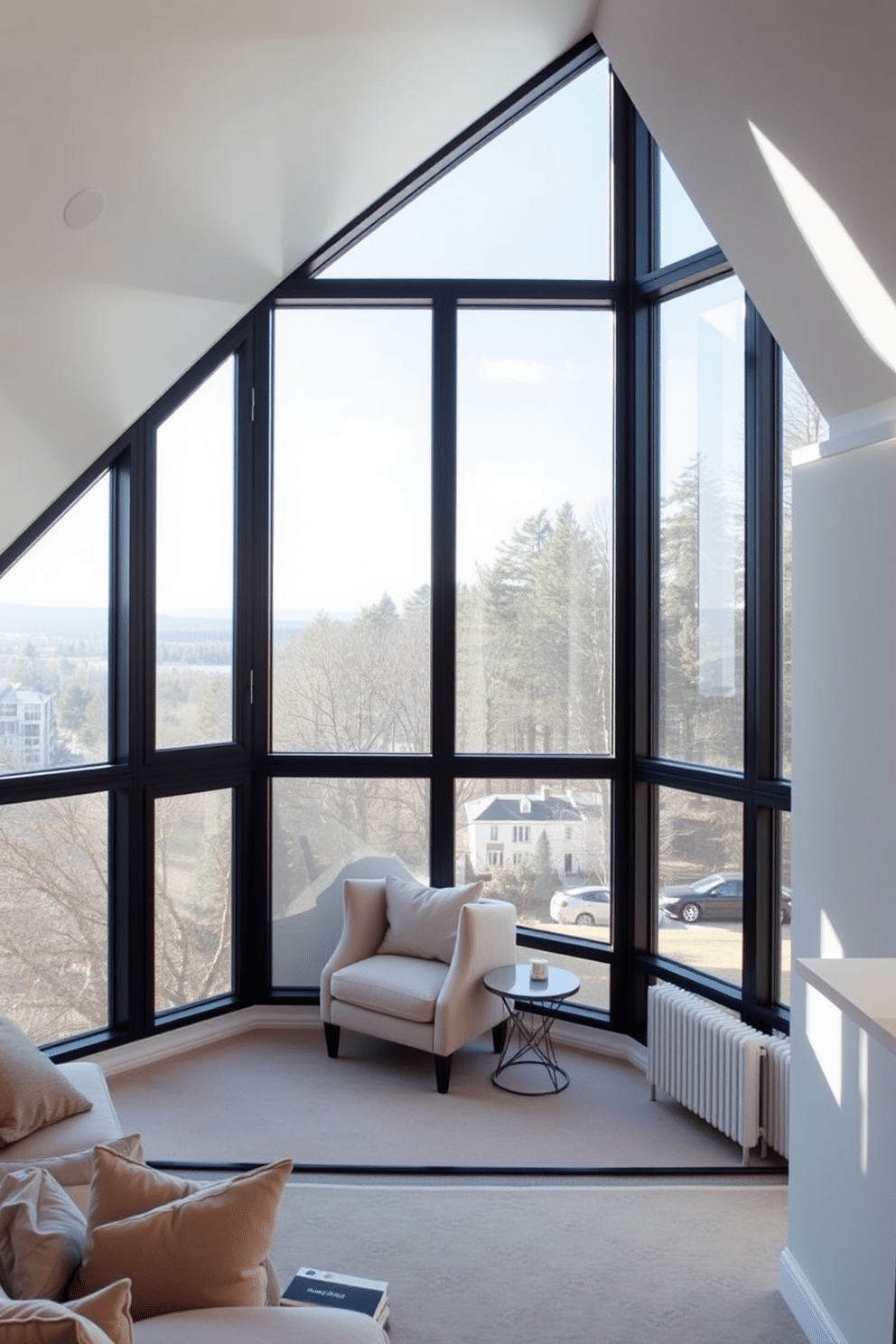 A stunning attic space features large geometric windows that allow natural light to flood the room, enhancing the modern aesthetic. The unique shapes of the windows create visual interest, complementing the sleek lines of the contemporary furnishings within the space. Incorporating a cozy reading nook beneath the angled ceiling, the design showcases a plush armchair and a small side table, perfectly positioned to take advantage of the window views. Soft, neutral tones on the walls and furnishings create a harmonious balance with the bold window designs, making the space inviting and stylish.