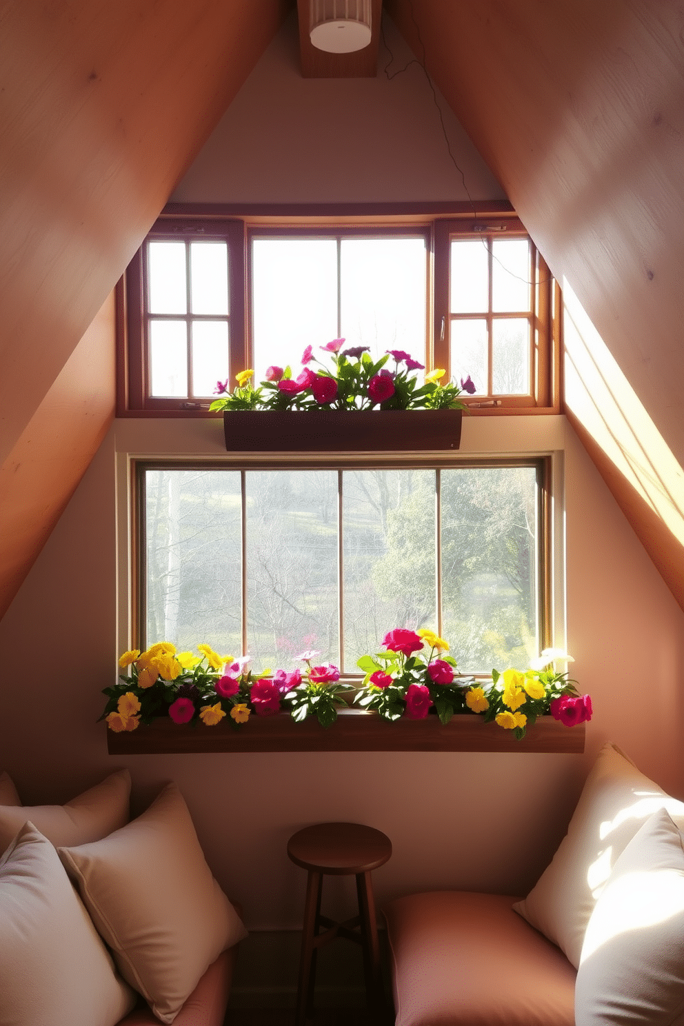 A charming attic space features a large window adorned with rustic wooden frames, allowing natural light to flood the room. Below the window, vibrant window boxes filled with colorful flowers create a cheerful and inviting atmosphere. The design incorporates cozy seating nestled under the sloped ceiling, with plush cushions and a small side table. Soft, ambient lighting enhances the warmth of the space, making it a perfect nook for relaxation and creativity.