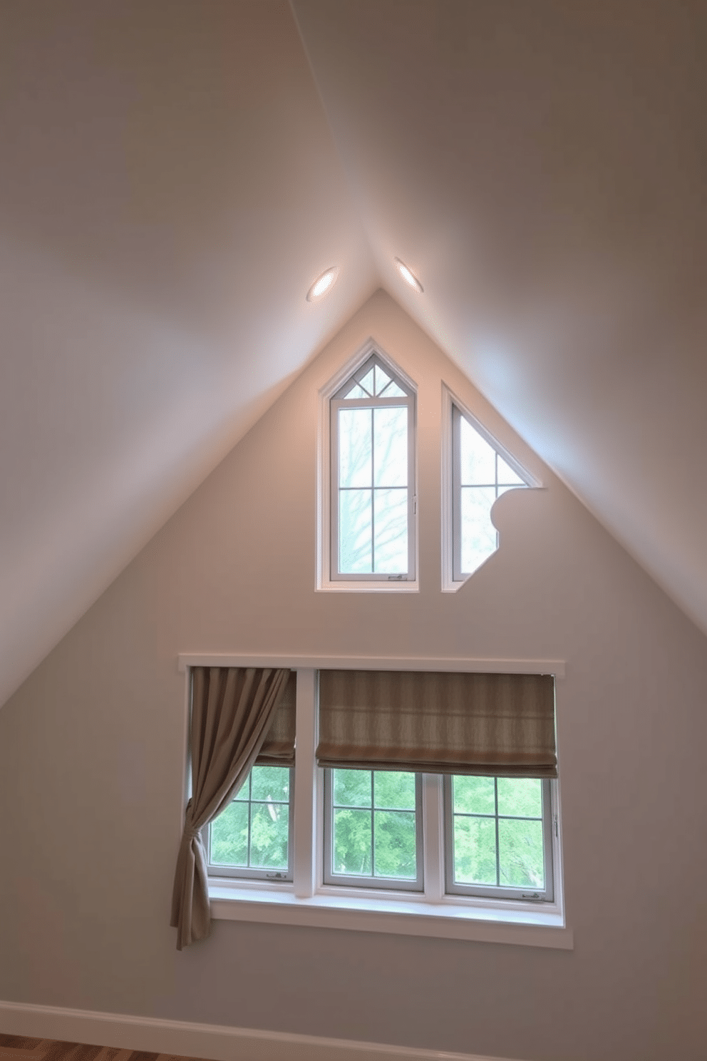 A cozy attic space featuring a large recessed window that allows natural light to flood the room. Soft, ambient recessed lighting is installed around the window, creating a warm and inviting atmosphere. The walls are painted in a light, airy color, enhancing the sense of openness. Stylish window treatments frame the window, adding a touch of elegance while maintaining privacy.