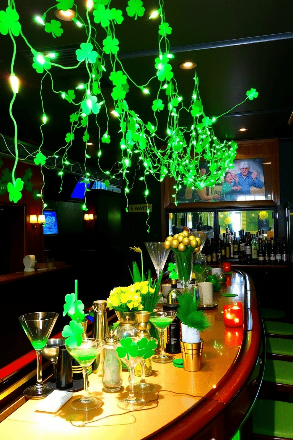 A vibrant bar area decorated for St. Patrick's Day, featuring green shamrock string lights draped across the walls and ceiling, creating a festive atmosphere. The bar itself is adorned with an assortment of green and gold decorations, including shamrock centerpieces and themed drinkware, inviting guests to celebrate in style.