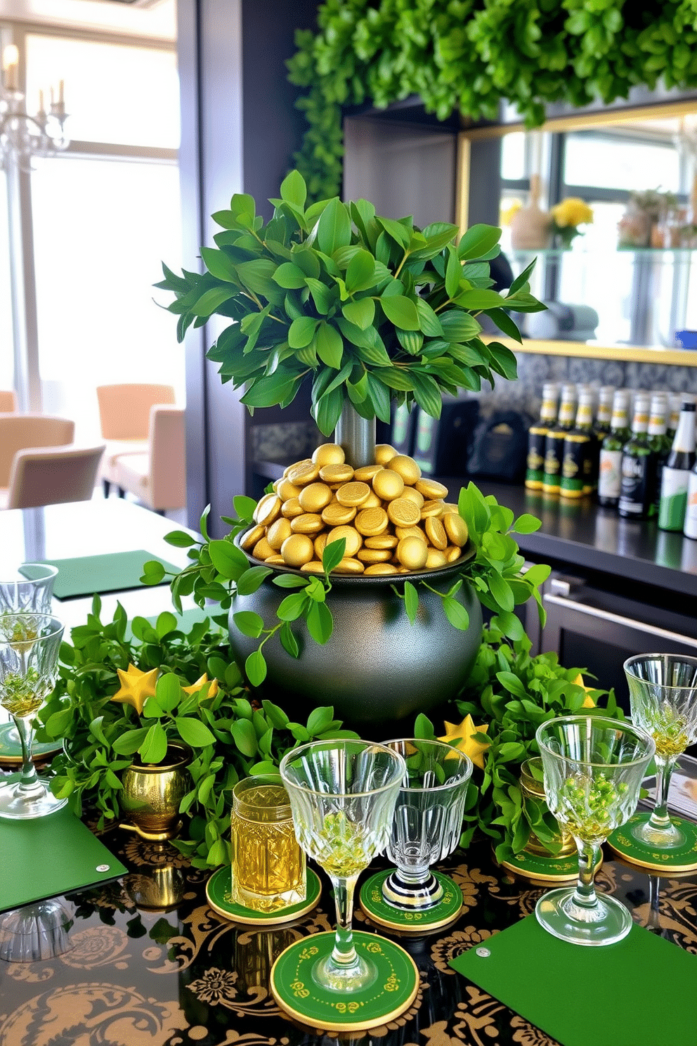 A vibrant bar area adorned for St. Patrick's Day features a stunning pot of gold centerpiece, overflowing with shimmering chocolate coins and surrounded by lush green foliage. The bar top is decorated with festive green and gold accents, including sparkling glassware and themed coasters, creating an inviting atmosphere for celebration.