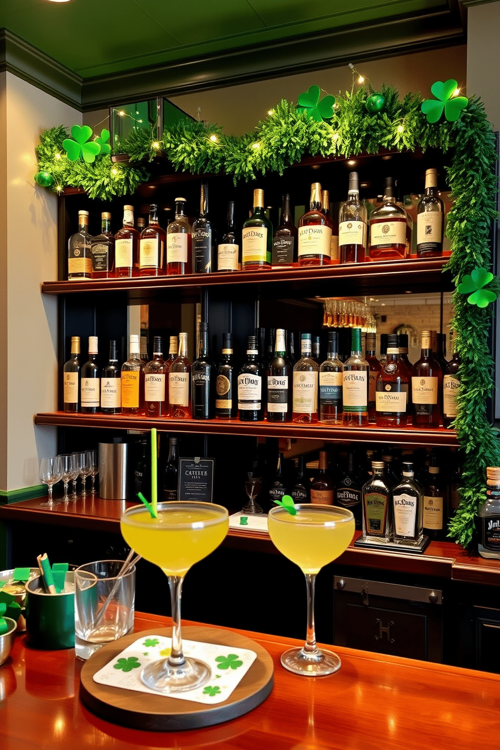 A stylish bar area featuring a dedicated Irish whiskey display. The shelves are lined with an array of whiskey bottles, complemented by elegant glassware and decorative coasters. For St. Patrick's Day, the space is adorned with festive green accents and subtle gold decorations. A rich wooden bar counter holds a selection of Irish-themed cocktails, with a backdrop of shamrock garlands and twinkling fairy lights.