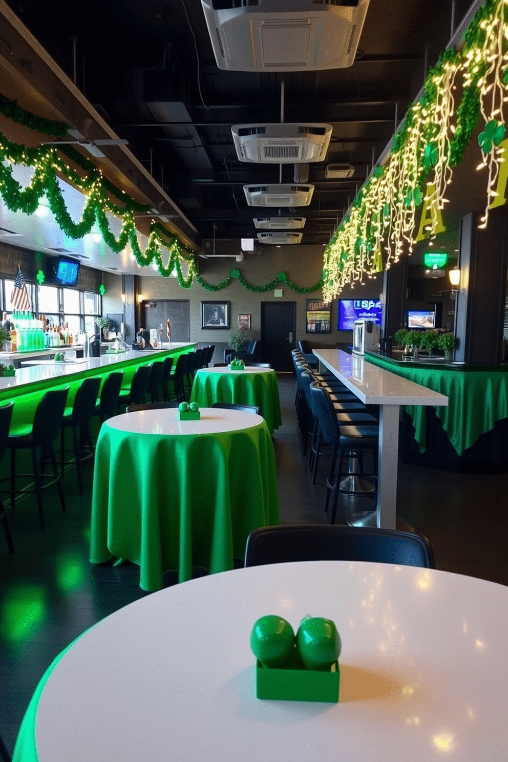 A vibrant bar area adorned for St. Patrick's Day features green tablecloths draping over sleek, modern bar tables. The space is accented with festive decorations, including shamrocks and twinkling fairy lights, creating a lively atmosphere for celebration.