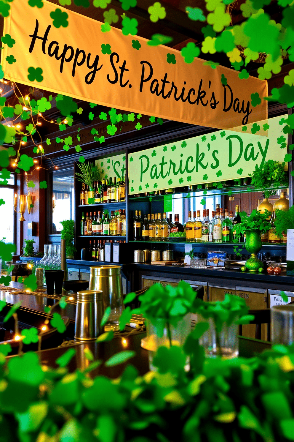 A festive bar area adorned with shamrock confetti, creating a lively atmosphere for St. Patrick's Day celebrations. The bar is lined with green and gold decorations, including twinkling fairy lights and themed drinkware that enhance the celebratory vibe. Behind the bar, shelves are stocked with an array of spirits, accented by vibrant green plants and seasonal ornaments. A large banner reading 