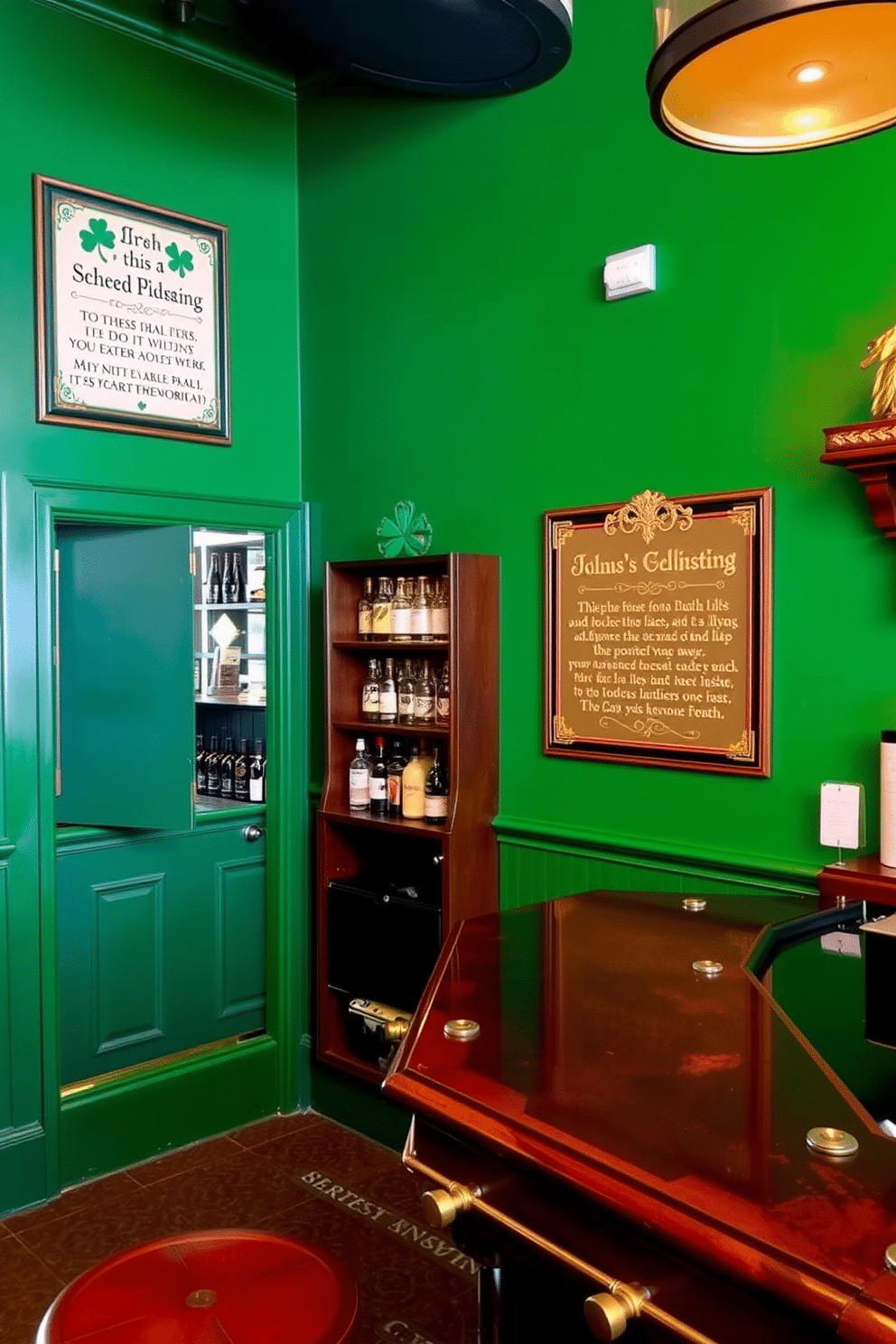 A charming bar area adorned with Irish blessing wall art. The walls are painted a rich emerald green, and the bar features a dark wood finish with brass accents, creating an inviting atmosphere for St. Patrick's Day celebrations.