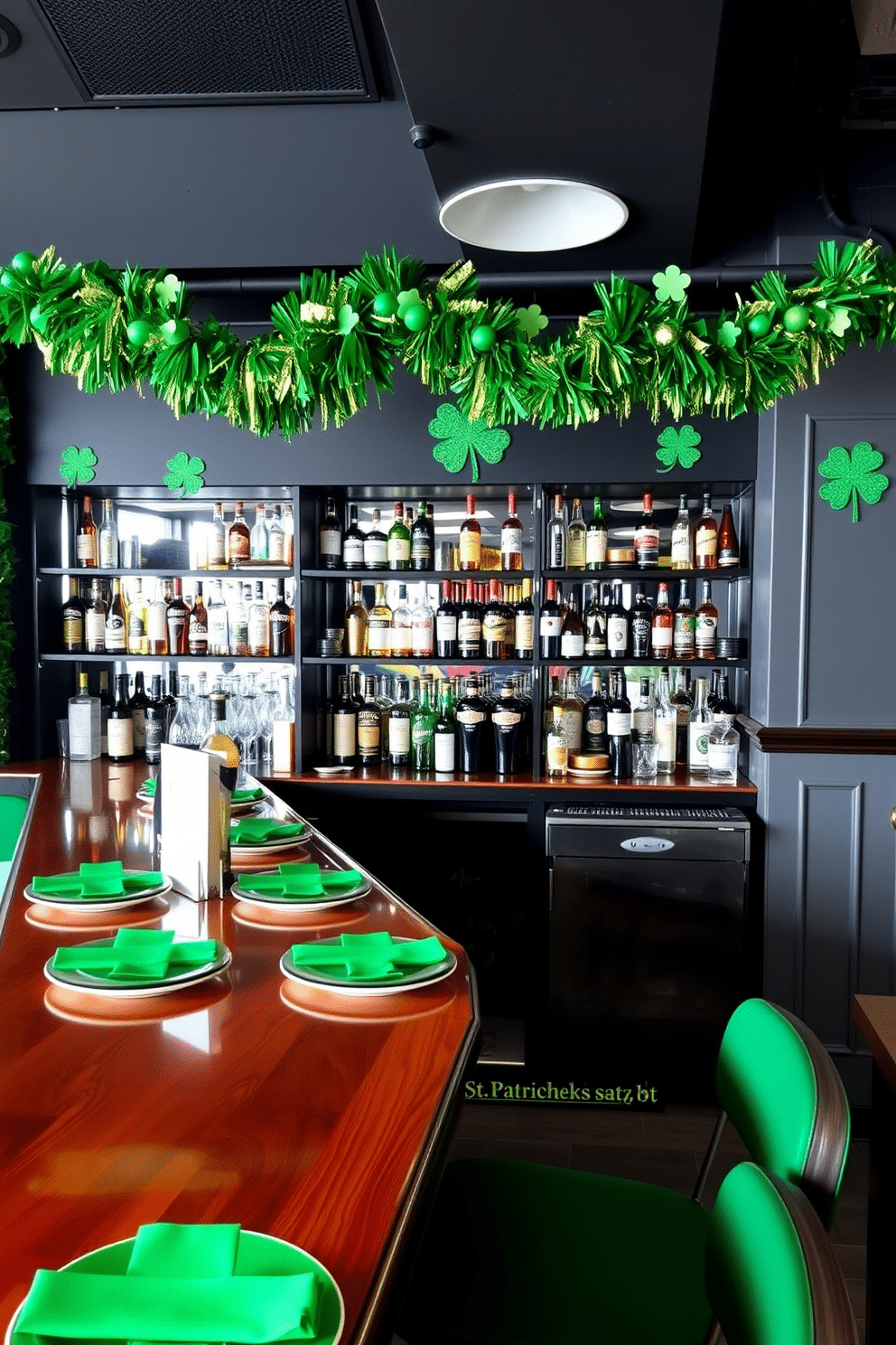 A stylish bar area decorated for St. Patrick's Day features a polished wooden bar counter adorned with vibrant green napkins and plates. Above the bar, festive green and gold garlands hang, while a selection of Irish whiskey and craft beers is displayed on shelves behind the counter.