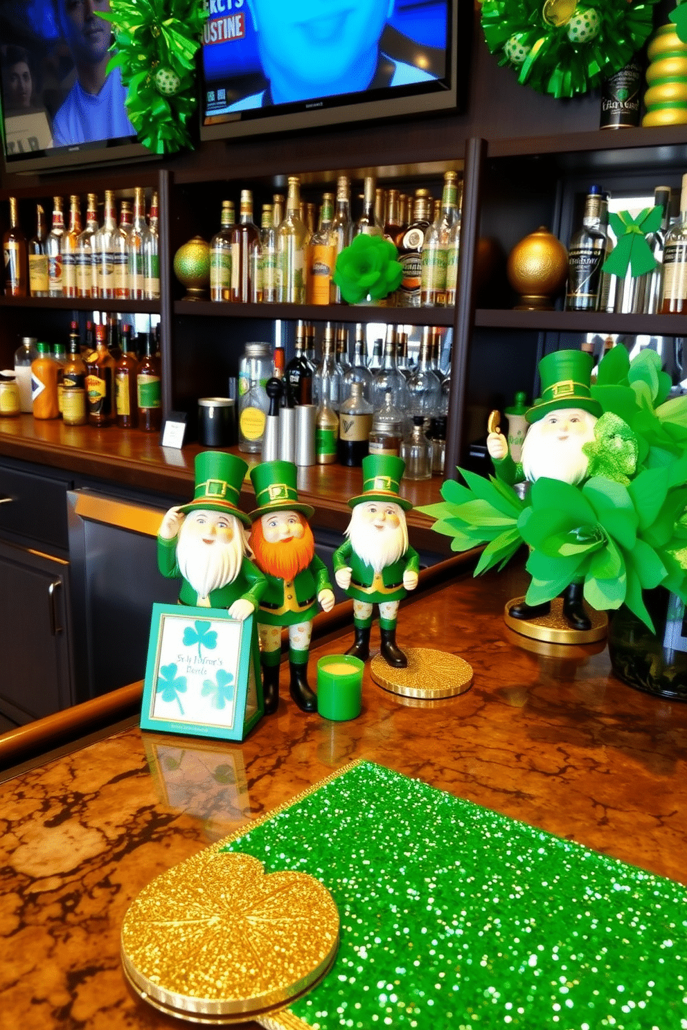 A festive bar area adorned for St. Patrick's Day features whimsical leprechaun figurines strategically placed among vibrant green decorations. The countertop is embellished with gold and green accents, including shamrock coasters and a sparkling green table runner, creating an inviting atmosphere for celebration.