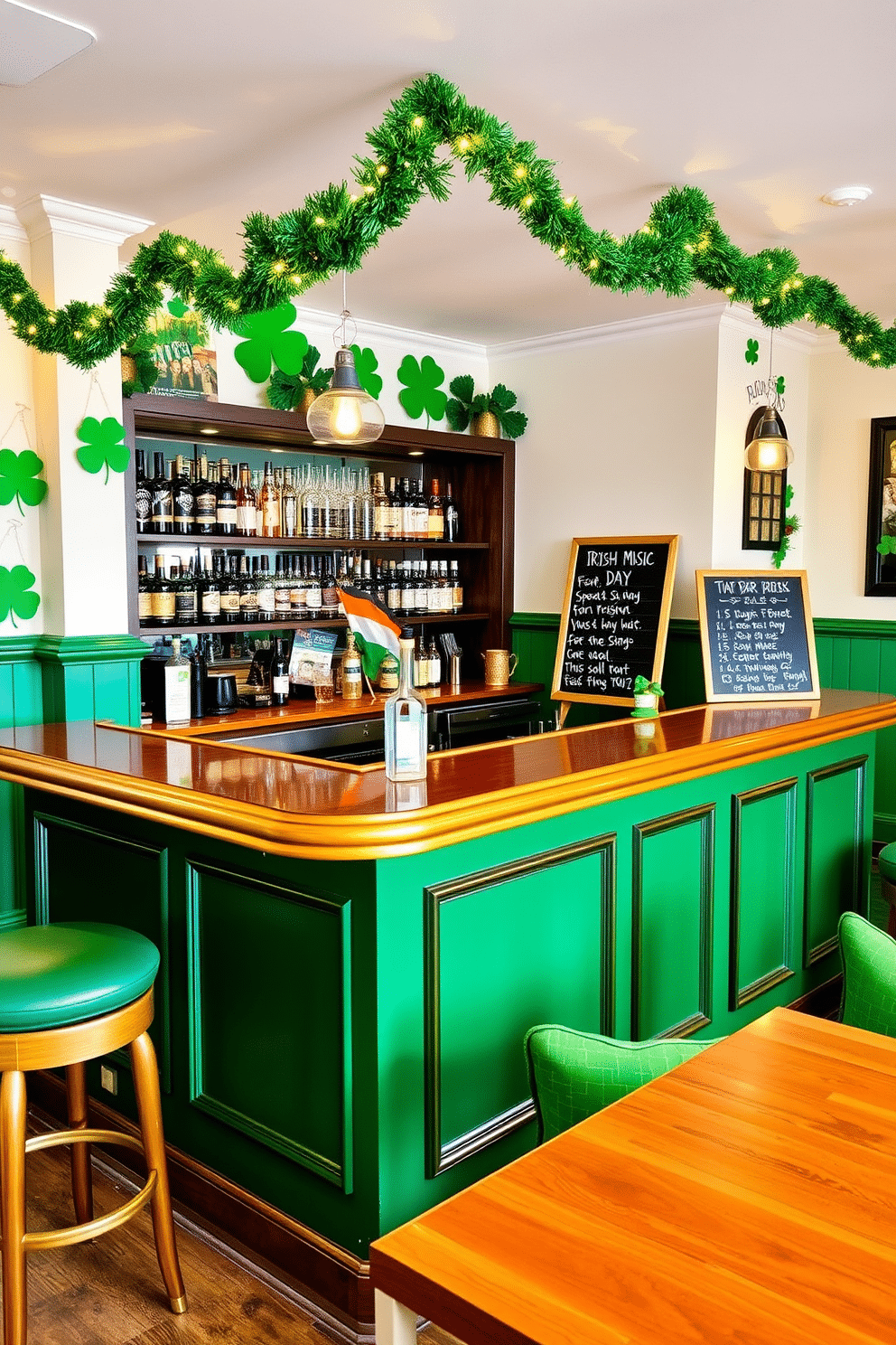 A vibrant bar area designed for St. Patrick's Day celebrations. The space features a sleek wooden bar with emerald green accents and gold trim, adorned with festive decorations like shamrocks and twinkling lights. Behind the bar, shelves display an array of Irish whiskey bottles and glassware, while a chalkboard sign lists the day's special Irish music playlist. Cozy seating with green cushions invites guests to relax and enjoy the lively atmosphere.