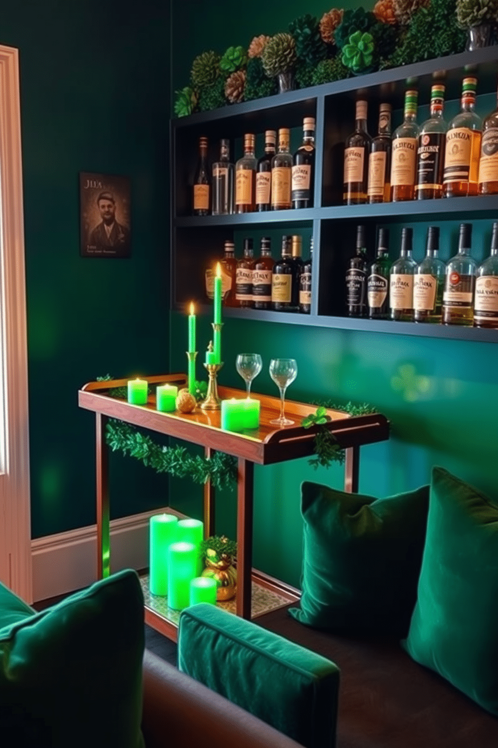 A stylish bar area adorned for St. Patrick's Day features a sleek wooden bar cart with a rich mahogany finish. Green LED candles flicker softly on the cart, surrounded by festive decorations like shamrocks and gold accents. The backdrop showcases a vibrant green wall, complemented by a collection of Irish whiskey bottles displayed on shelves. A cozy seating arrangement with plush emerald green cushions invites guests to enjoy the celebratory atmosphere.