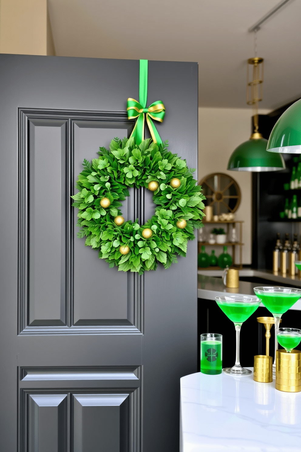 A festive St. Patrick's Day wreath adorns the front door, crafted from lush green foliage and accented with vibrant gold ribbons and small shamrock ornaments. The wreath exudes a cheerful spirit, inviting guests to celebrate the holiday. Inside, a stylish bar area is decorated with emerald green accents, featuring a sleek countertop adorned with gold and white barware. Green cocktails are served in elegant glasses, surrounded by festive decorations like small pots of gold and shamrocks, creating a lively atmosphere for gatherings.