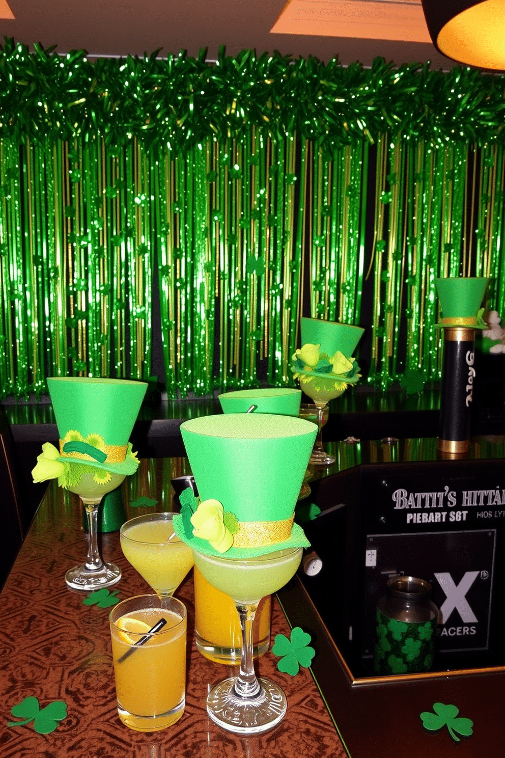 A festive bar area adorned with vibrant leprechaun hat centerpieces, each hat filled with fresh green flowers and gold accents. The backdrop features a shimmering green and gold garland, while the bar top is decorated with themed cocktails and decorative shamrocks.