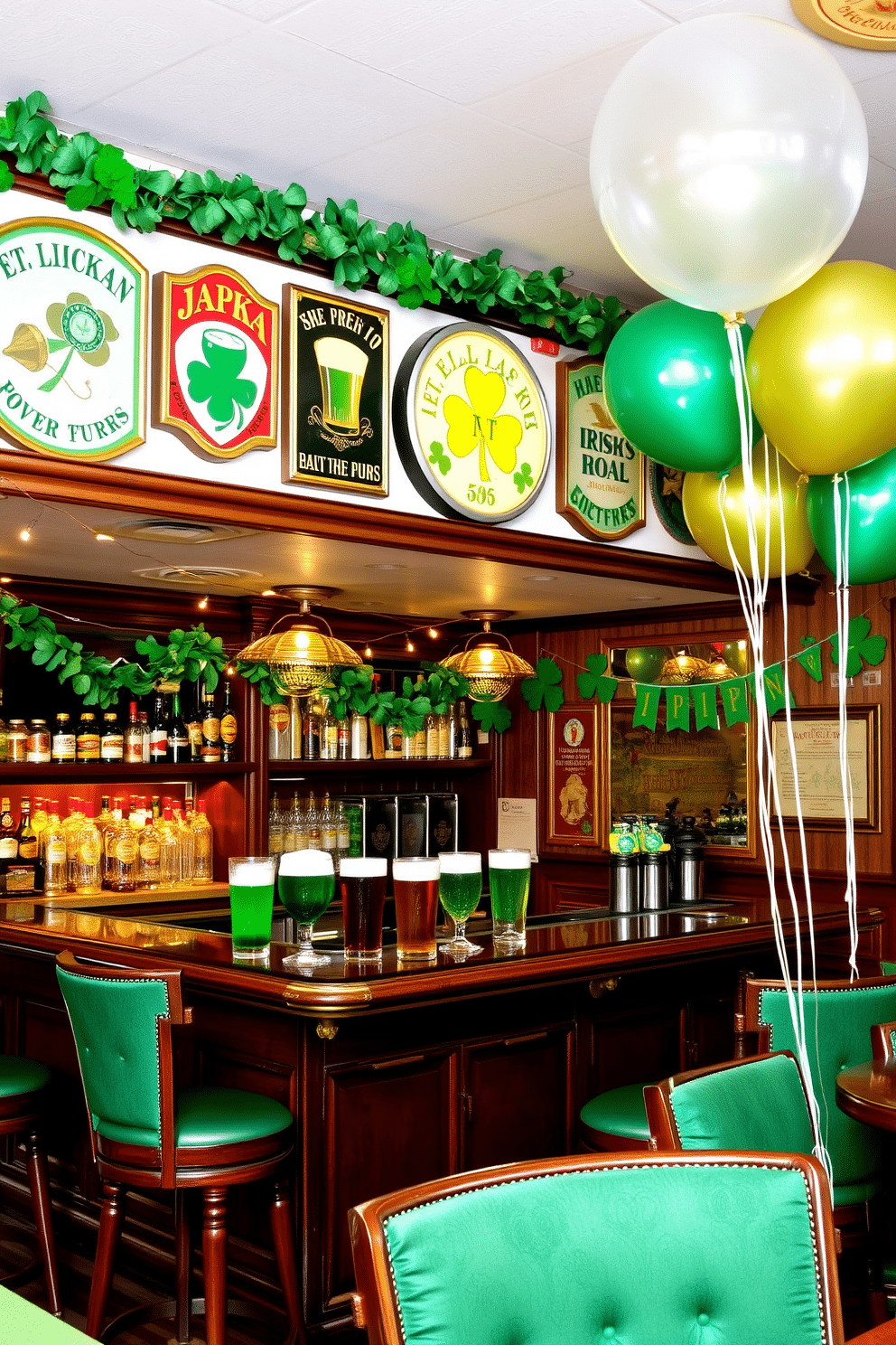 A cozy Irish pub bar area adorned with vibrant, vintage pub signs featuring classic Irish motifs and phrases. The bar is made of dark wood, with brass accents and a polished countertop, complemented by high-backed stools upholstered in rich green fabric. For St. Patrick's Day, the space is decorated with festive garlands of shamrocks and twinkling fairy lights. A collection of pint glasses filled with green beverages sits on the bar, while cheerful banners and balloons in shades of green and gold add a celebratory touch to the atmosphere.