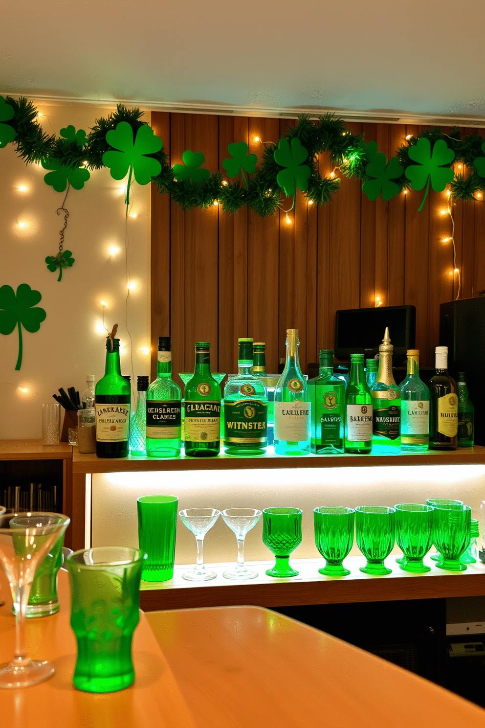 A stylish bar area adorned with green tinted glassware, featuring an elegant arrangement of various drink bottles and mixers on a sleek wooden shelf. The backdrop is decorated with festive St. Patrick's Day accents, including shamrock garlands and twinkling fairy lights, creating a warm and inviting atmosphere for celebrations.