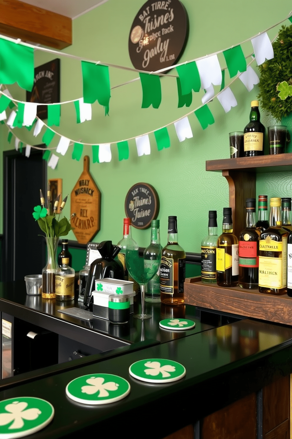 A festive bar area decorated for St. Patrick's Day, featuring miniature Irish flags strung across the wall. The bar is adorned with green and gold accents, including shamrock coasters and a collection of Irish whiskey bottles displayed on a rustic wooden shelf.