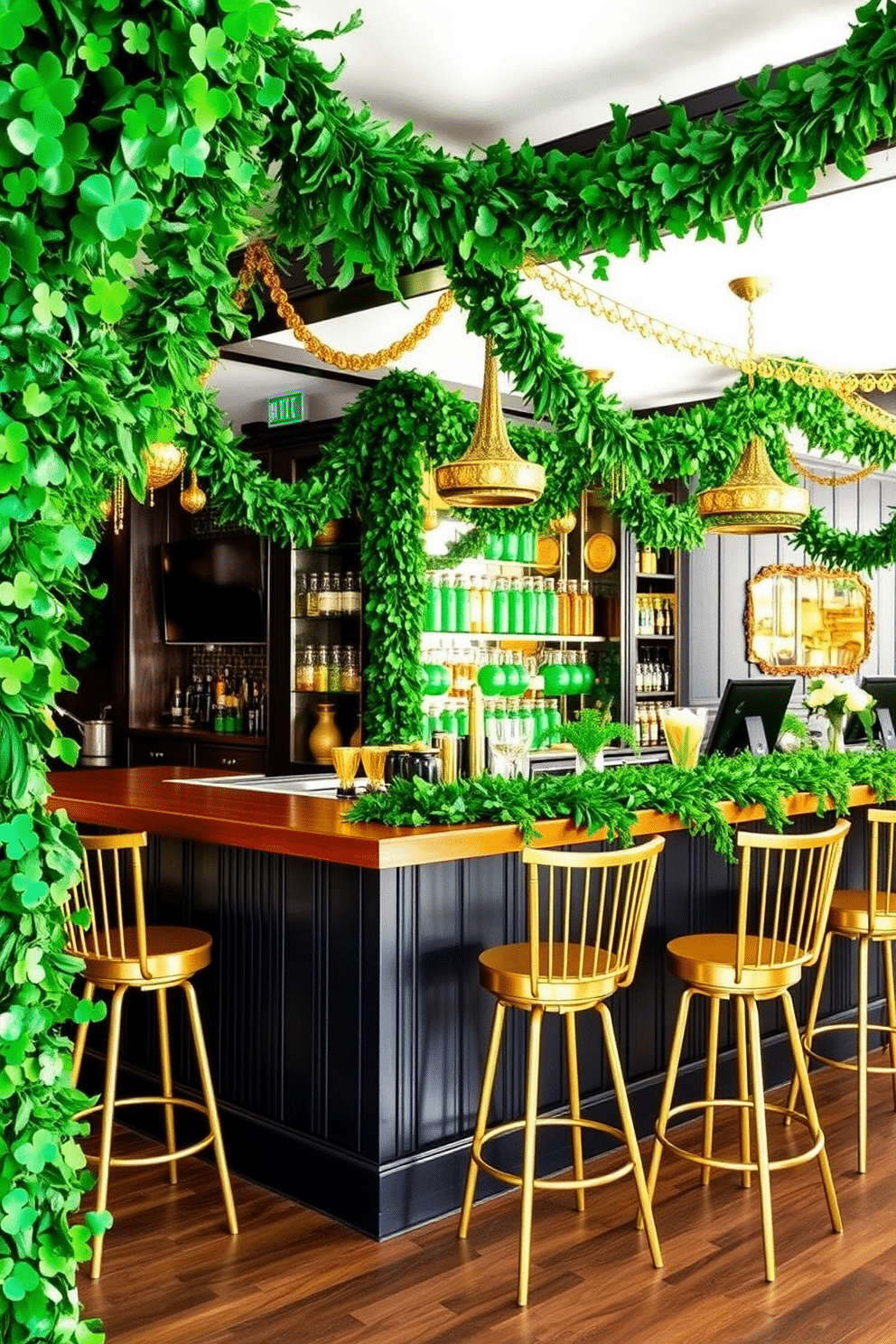 A vibrant bar area adorned with lush green and gold garlands, creating a festive atmosphere for St. Patrick's Day celebrations. The bar features a sleek wooden surface, complemented by gold bar stools and decorative elements that enhance the holiday spirit.