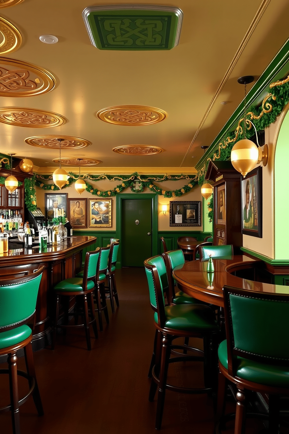 A vibrant bar area adorned with intricate Celtic knot decorations, featuring a rich wooden bar counter and high-backed stools. The walls are adorned with green and gold accents, celebrating St. Patrick's Day with festive garlands and themed artwork.