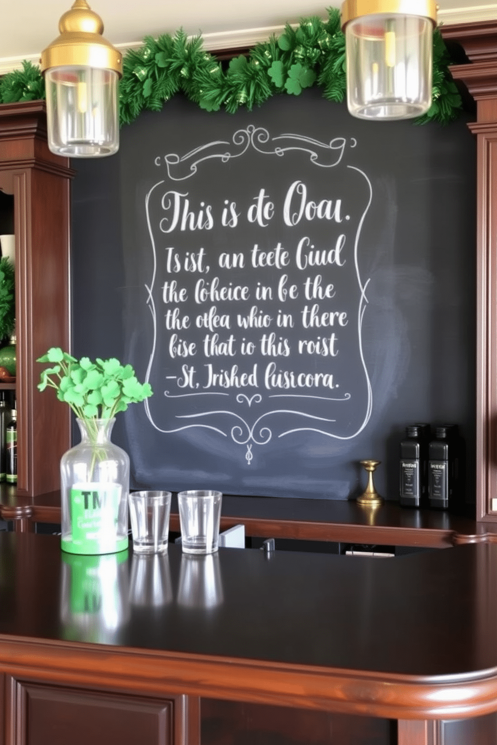 A charming bar area inspired by St. Patrick's Day, featuring a large chalkboard adorned with an Irish proverb. The bar is crafted from dark wood, with a polished countertop, and is decorated with green and gold accents, including festive garlands and clovers.