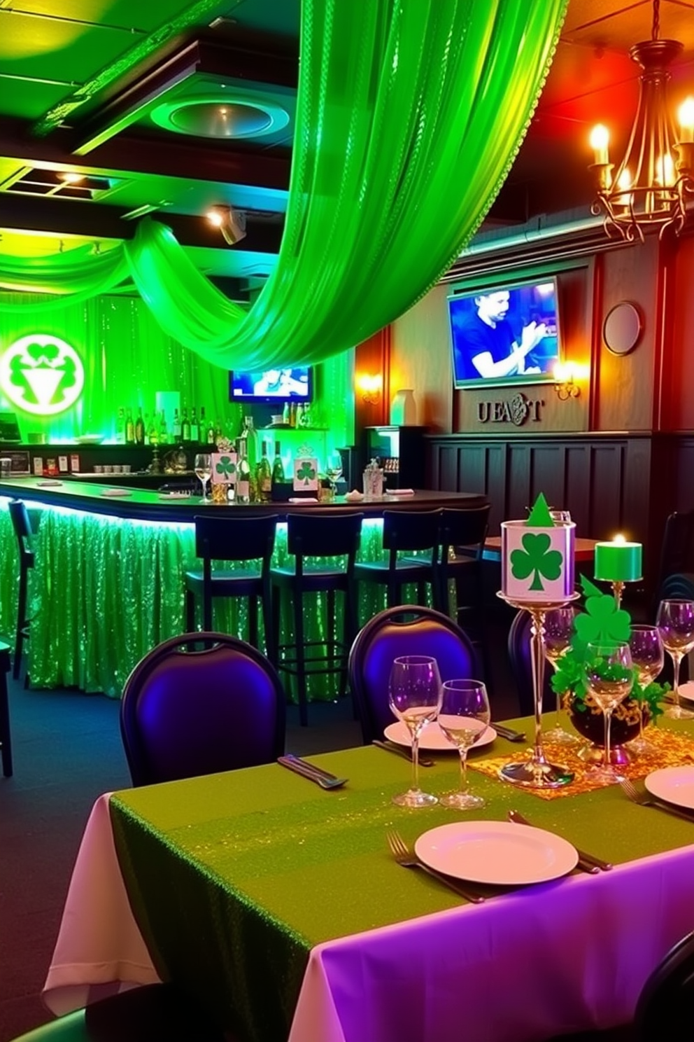 A vibrant bar area adorned with a green sequin tablecloth that sparkles under the warm lighting. The table is elegantly set with festive St. Patrick's Day decorations, including gold accents and shamrock centerpieces.