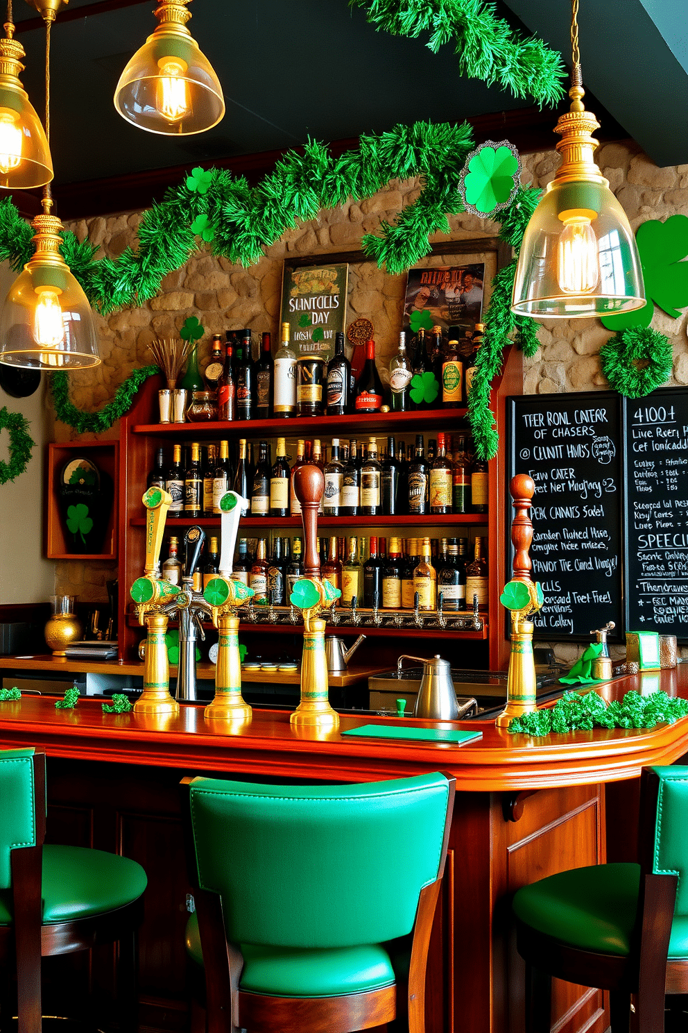 A lively bar area adorned for St. Patrick's Day, featuring a collection of unique Irish beer tap handles made from polished wood and brass. The space is illuminated by warm pendant lights, with green and gold decorations accentuating the festive atmosphere, including shamrocks and garlands draped along the bar. The bar counter is topped with a rich mahogany finish, complemented by high-backed stools upholstered in deep green fabric. Behind the bar, shelves are stocked with an array of Irish spirits and beer, while a chalkboard menu lists the day's special drinks, all set against a backdrop of earthy stone walls.