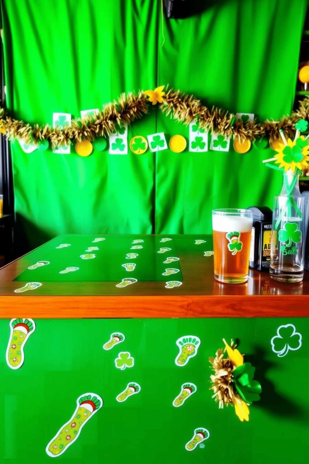 A festive bar area adorned with leprechaun footprints stickers leading to a vibrant green backdrop. The bar is decorated with shamrock-themed accessories, including pint glasses and a decorative garland of gold coins, creating a cheerful St. Patrick's Day atmosphere.