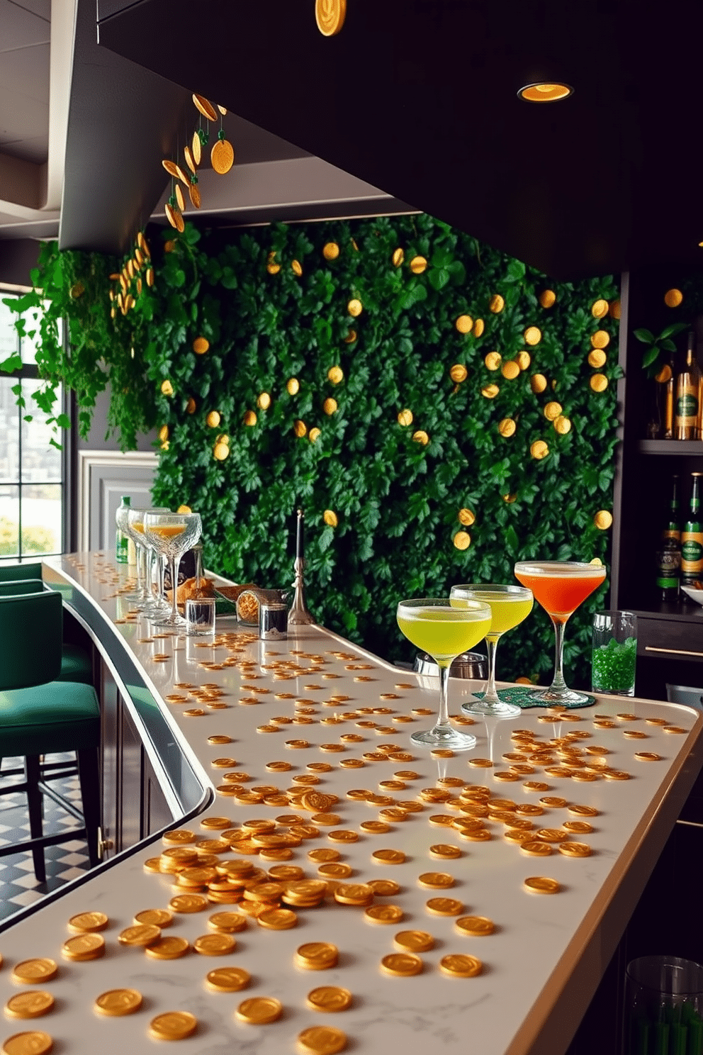 A festive bar area adorned with scattered gold coin decorations, creating a playful yet elegant atmosphere. The countertop is lined with green and gold accents, including glasses and themed cocktails, while a backdrop of lush greenery enhances the St. Patrick's Day spirit.