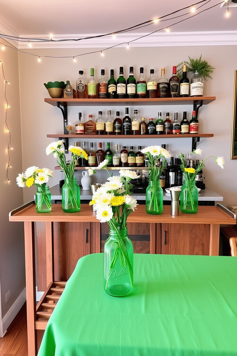 A stylish bar area designed for St. Patrick's Day celebrations. The focal point features a sleek wooden bar cart adorned with green mason jar vases filled with fresh white and yellow flowers, creating a vibrant contrast against the rich wood. Behind the bar, a wall-mounted shelf displays an array of Irish whiskey bottles and festive decorations. Twinkling string lights drape above, casting a warm glow over the space, while a cheerful green tablecloth covers the bar top, adding to the festive atmosphere.