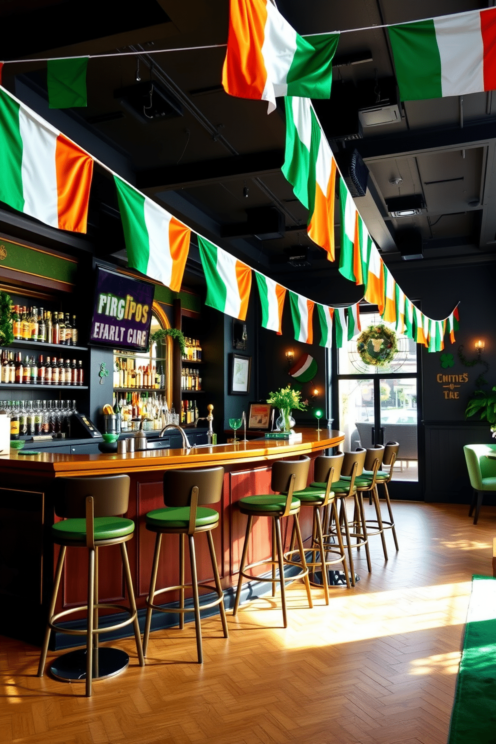 A vibrant bar area adorned with Irish flag bunting, creating a festive atmosphere for St. Patrick's Day celebrations. The space features a sleek wooden bar counter with high stools, complemented by green and gold accents throughout the decor.