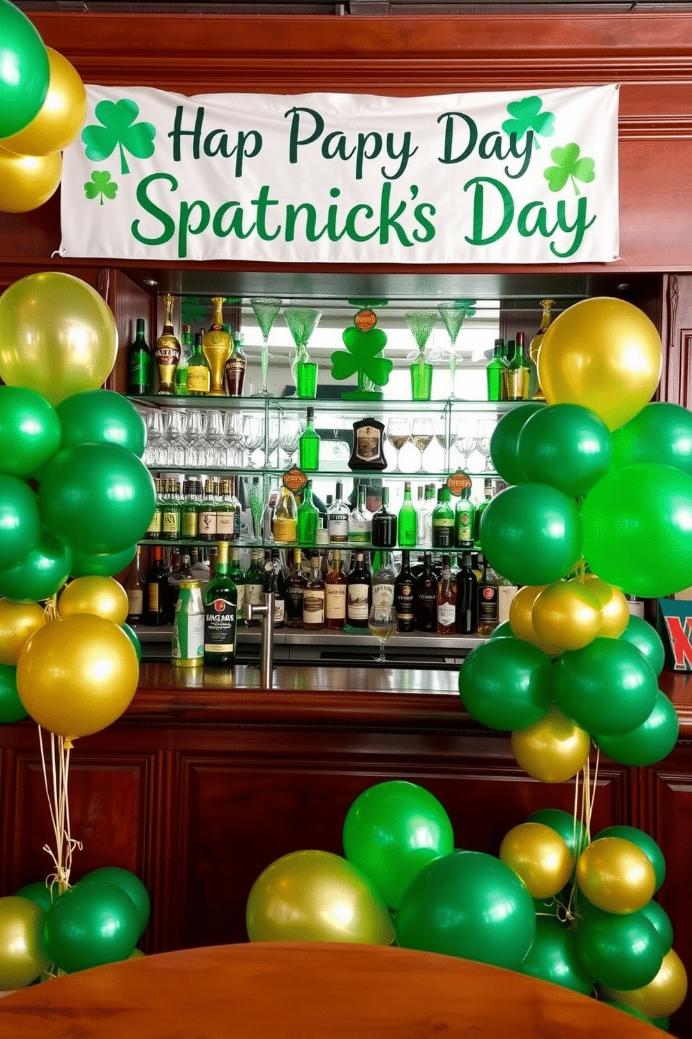 A vibrant bar area adorned with green and gold balloons, creating a festive atmosphere for St. Patrick's Day. The balloons are strategically placed around the bar, complementing the rich wooden counter and the glinting gold accents of the barware. The shelves behind the bar display an array of green-tinted spirits and decorative glassware. A cheerful banner featuring shamrocks hangs above, enhancing the celebratory theme and inviting guests to enjoy the festivities.