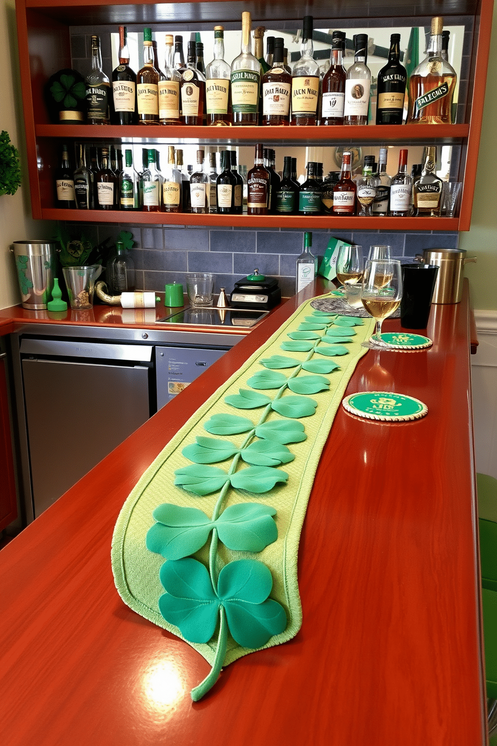 A charming bar area adorned for St. Patrick's Day features a clover leaf table runner that elegantly drapes over a polished wooden bar. The runner is complemented by green and gold accents, including festive coasters and a selection of Irish whiskey bottles displayed on the shelves above.