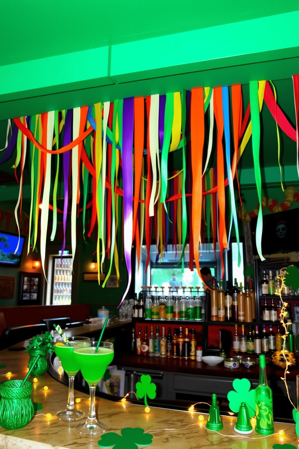 A vibrant bar area decorated for St. Patrick's Day, adorned with colorful rainbow streamers cascading from the ceiling. The bar counter is topped with green-themed cocktails and festive decorations, including shamrock accents and twinkling fairy lights.