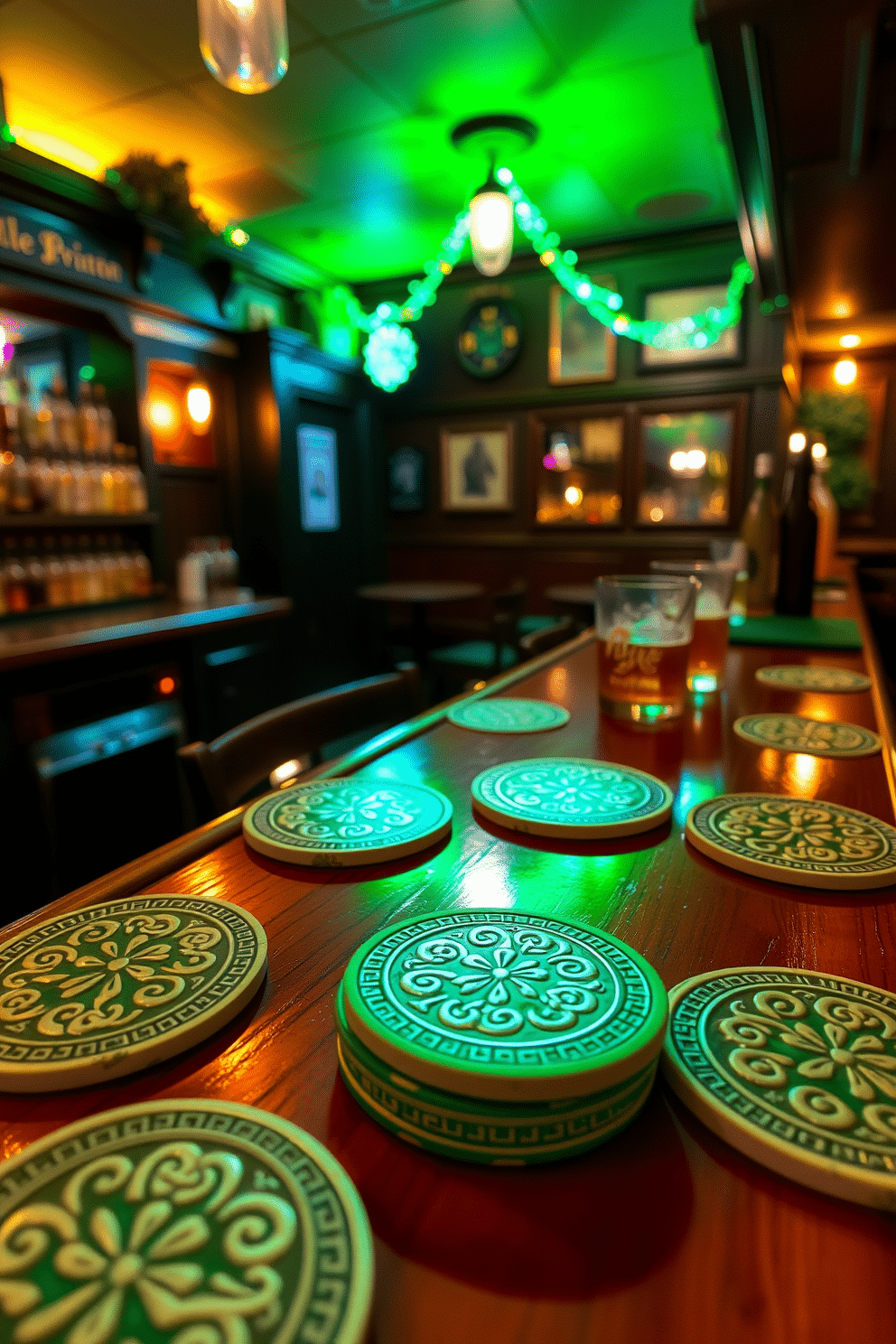 A cozy bar area adorned with Irish-themed coasters featuring intricate Celtic designs. The space is illuminated by warm, ambient lighting, with a rich wooden bar top complemented by green and gold accents for a festive St. Patrick's Day celebration.