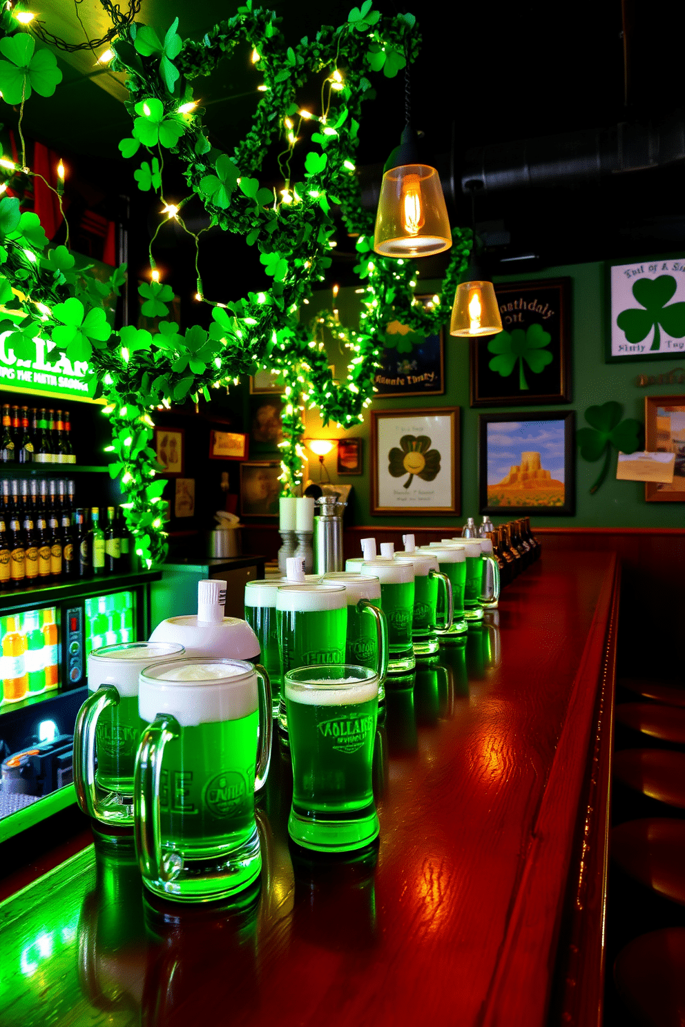 A vibrant bar area decorated for St. Patrick's Day features green beer mugs displayed prominently on the counter, surrounded by festive garlands of shamrocks and twinkling fairy lights. The walls are adorned with cheerful banners and artwork celebrating the holiday, while a rich wooden bar top contrasts beautifully with the lively decor.