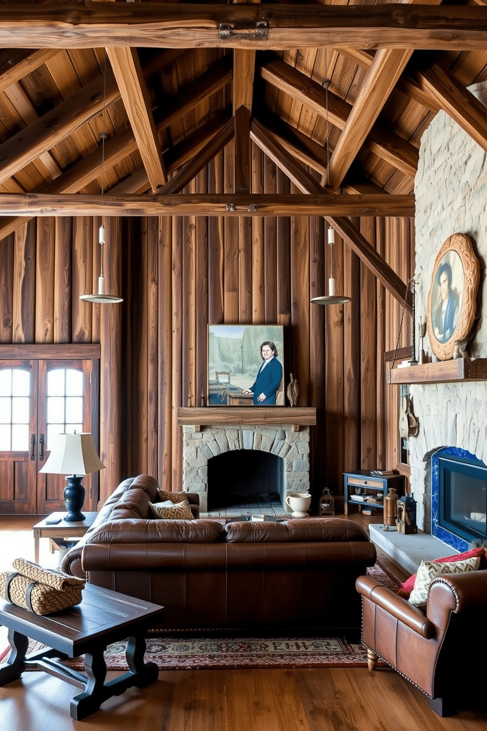 A cozy barn man cave featuring rustic wooden beams as ceiling accents. The space is adorned with reclaimed wood furniture, a plush leather sofa, and a stone fireplace that creates a warm and inviting atmosphere.