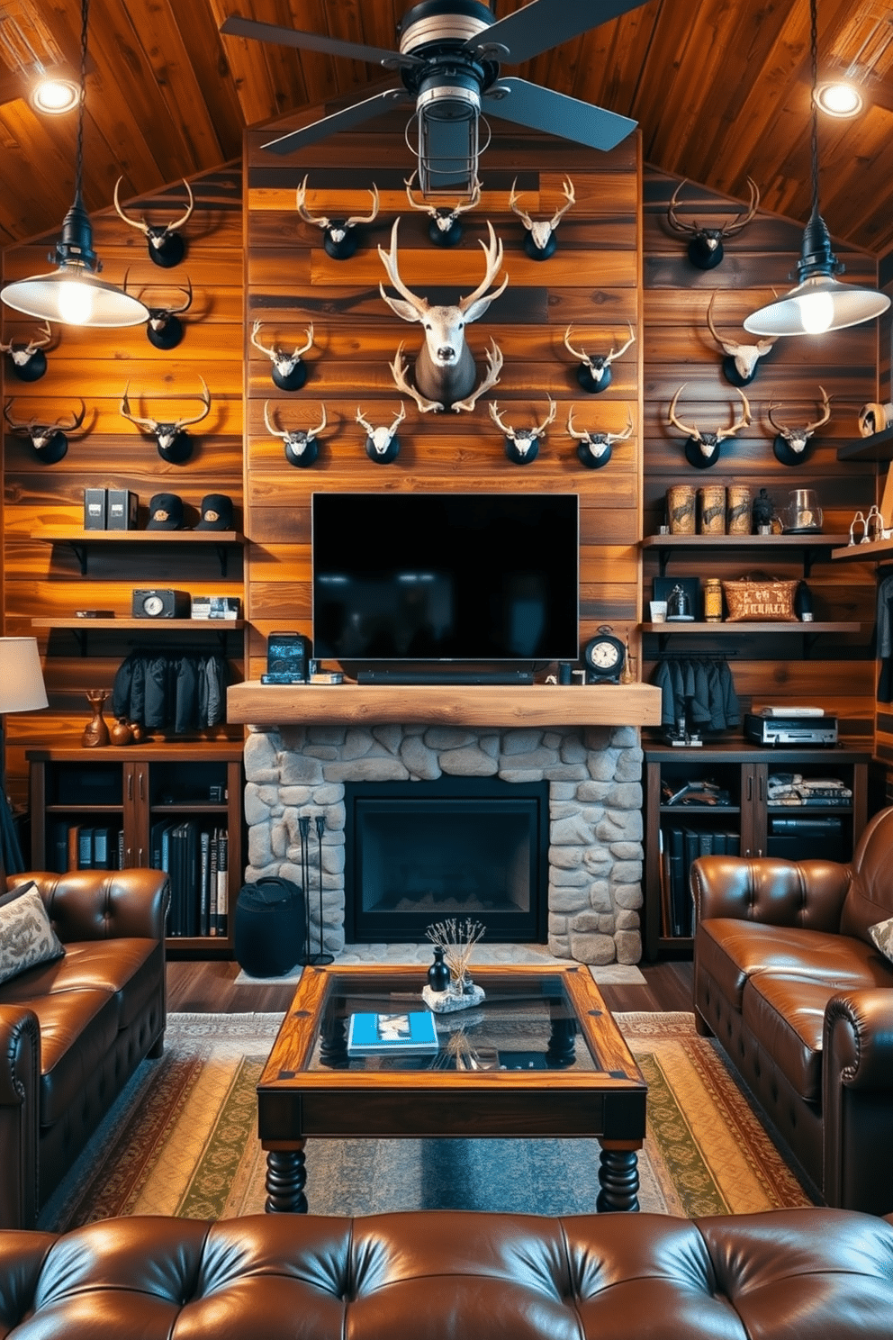 A rustic man cave featuring wall-mounted deer antlers as decor. The walls are clad in reclaimed wood, creating a warm and inviting atmosphere, while a leather sofa and a vintage coffee table provide comfortable seating. A large flat-screen TV is mounted above a stone fireplace, surrounded by shelves displaying hunting trophies and outdoor gear. Soft lighting from industrial-style fixtures enhances the cozy ambiance, making it the perfect retreat for relaxation and entertainment.