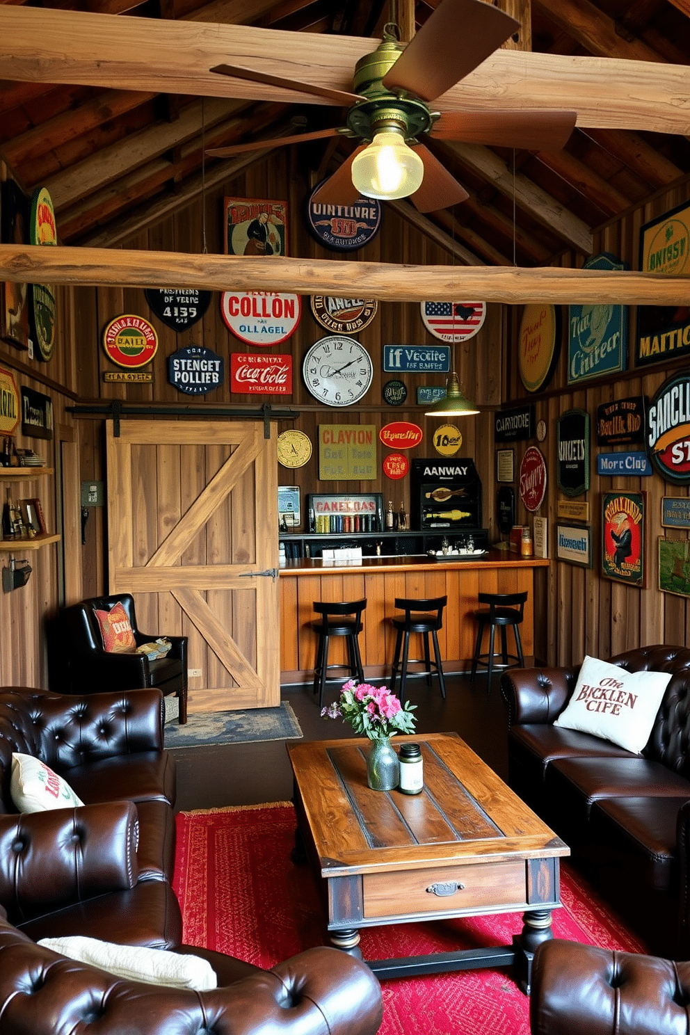 A cozy barn man cave adorned with vintage signs that evoke a sense of nostalgia. The space features reclaimed wood walls, a rustic bar made from an old barn door, and comfortable leather seating arranged around a vintage coffee table. The walls are decorated with an eclectic collection of retro signs, including advertisements and local memorabilia, creating a warm and inviting atmosphere. Soft, ambient lighting from industrial-style fixtures enhances the charm, making it the perfect retreat for relaxation and entertainment.